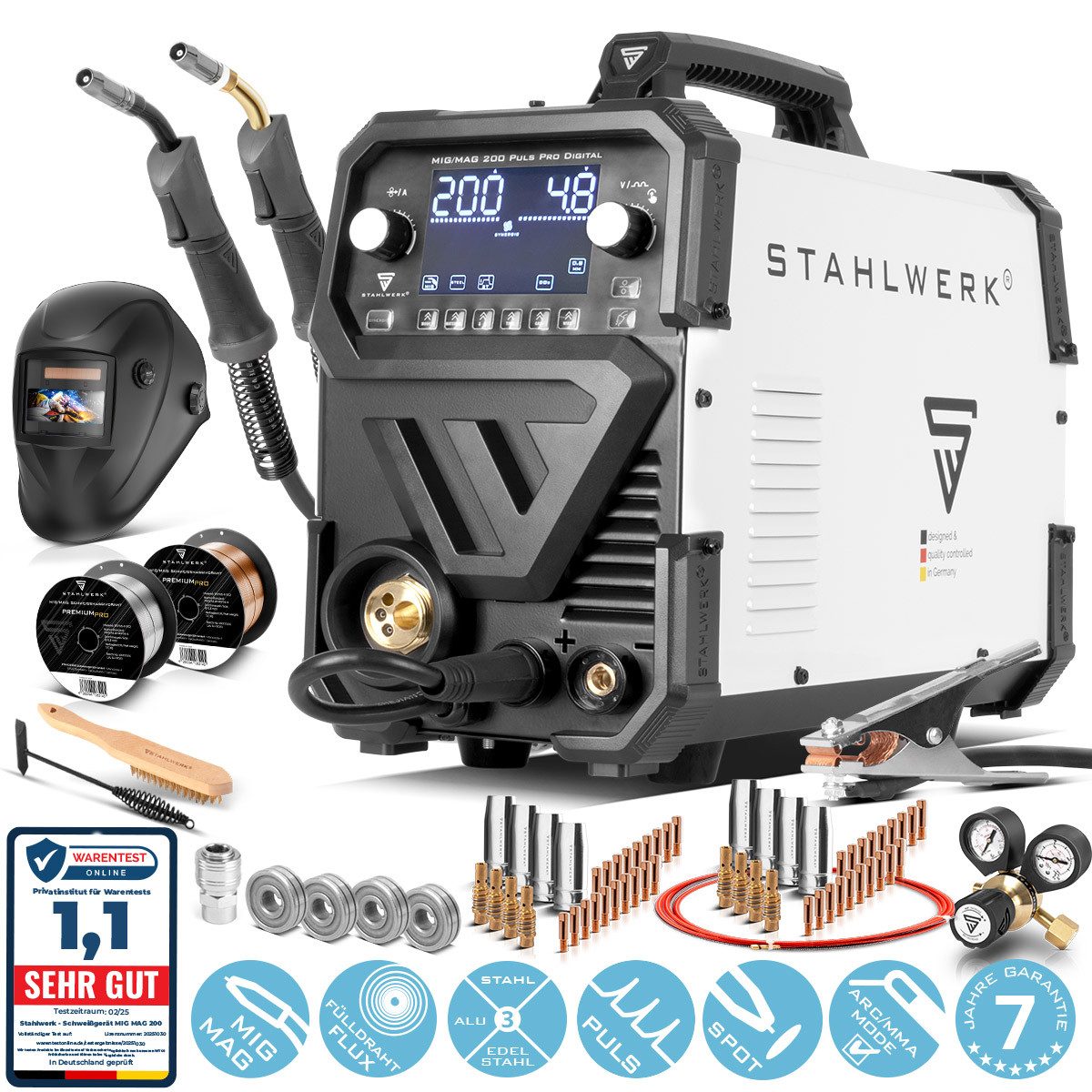STAHLWERK Schutzgasschweißgerät MIG MAG 200 Spot Puls Pro Digital Vollausstattung, 20 - 200 A, Packung, 1-tlg., Vollausstattung, IGBT Inverter mit 200 A