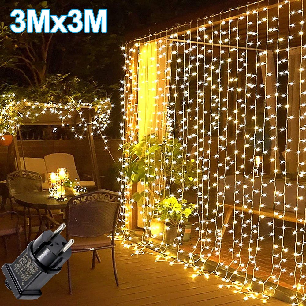 Rosnek LED-Lichtervorhang 3x3M LED Lichternetz Lichterkette Wasserdichte Innen Außen Garten Deko