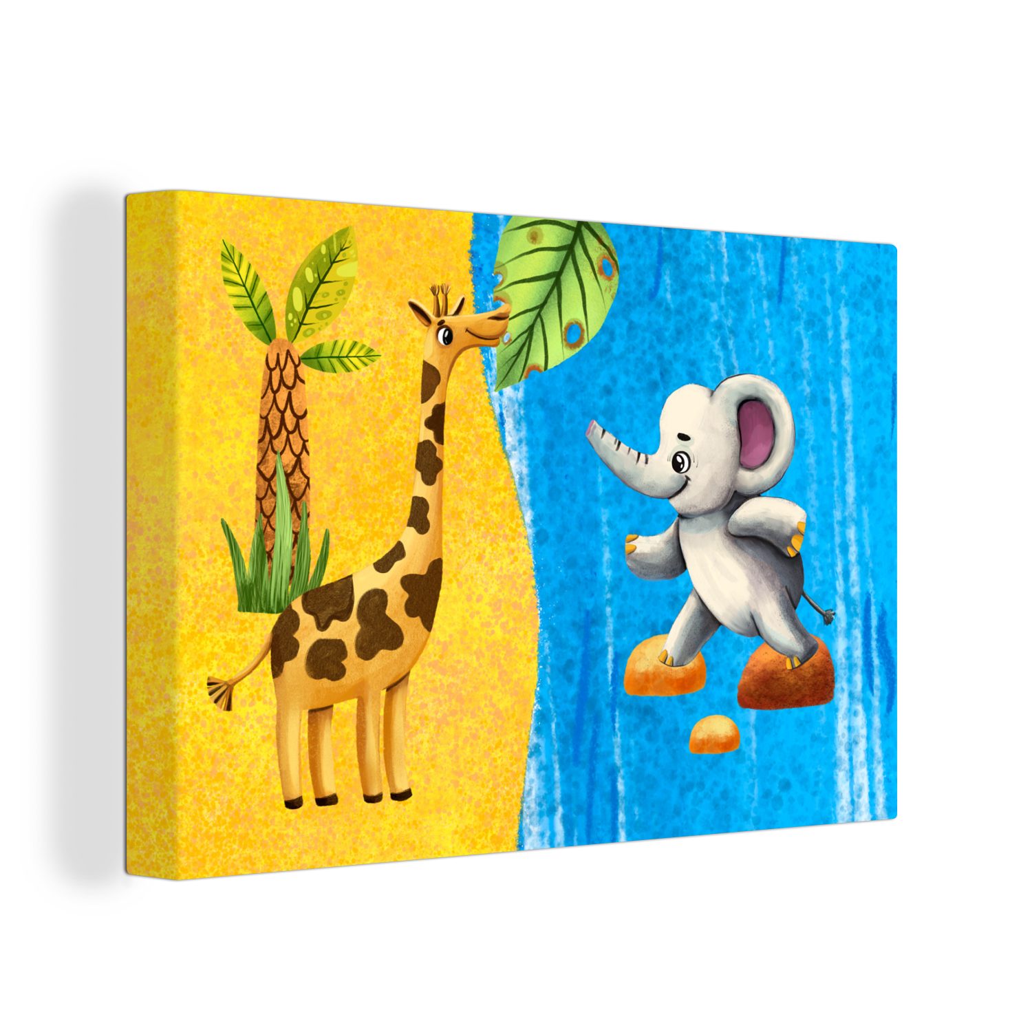 St), Leinwandbilder, 30x20 cm Leinwandbild OneMillionCanvasses® Wandbild Aufhängefertig, - Elefant Giraffe - Wasser, (1 Wanddeko,