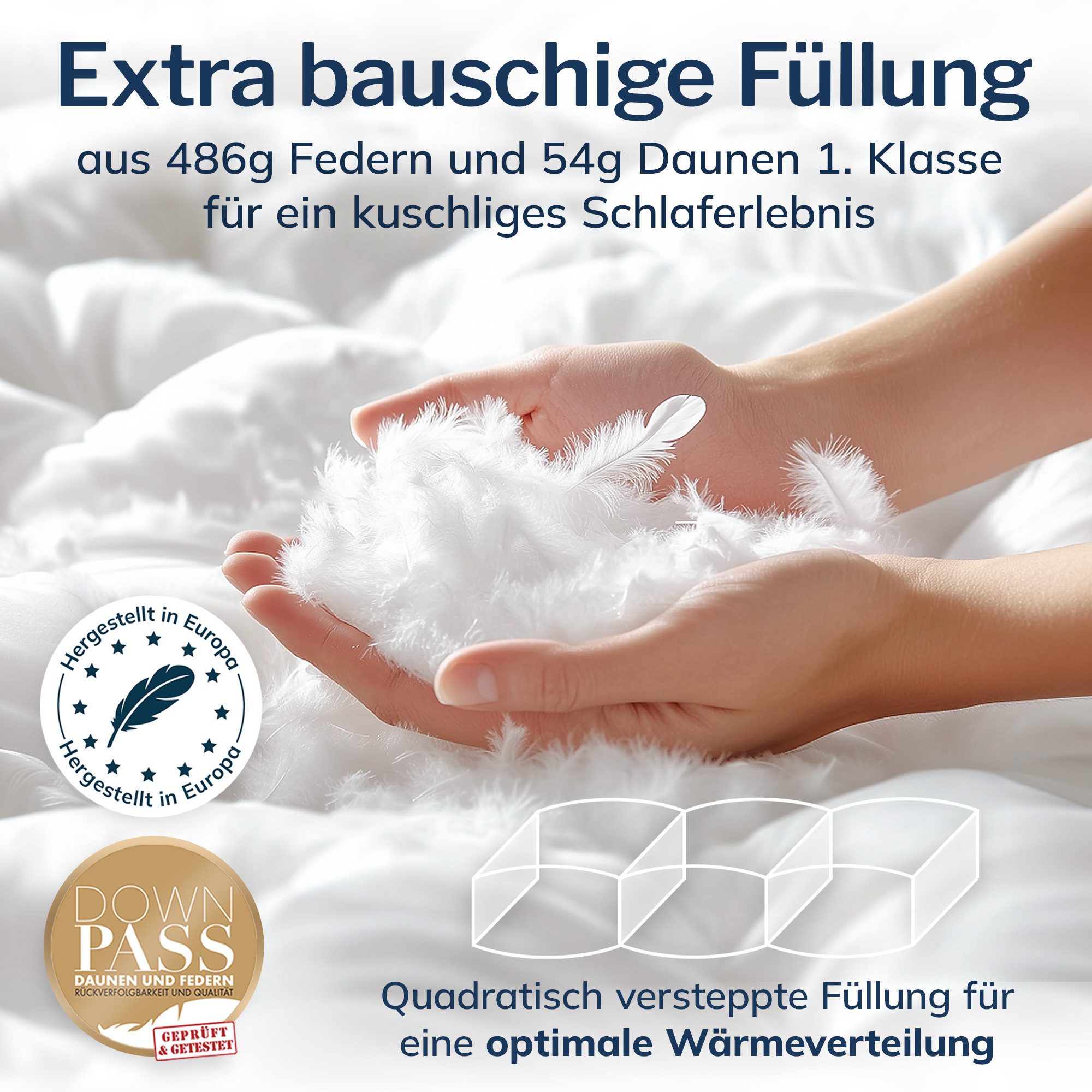 CALMONT Federbettdecke 135x200 mit Daunen, Decke mit weichen Daunen & Federn für Winter, Füllung: Neue Federn und neue Daunen, Mit Daunen der Klasse 1, Kassettenbett