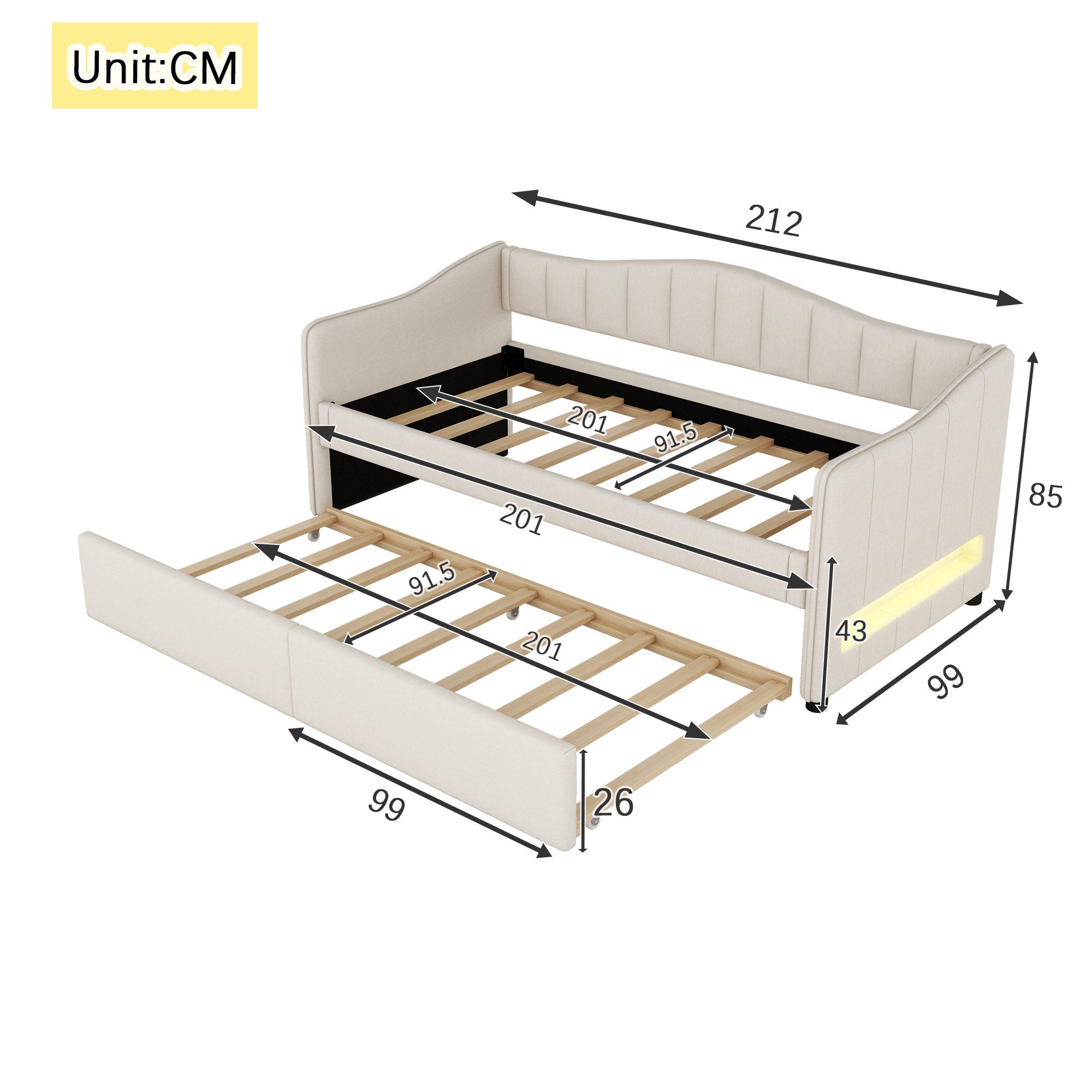 Flieks Daybett, LED Schlafsofa Polsterbett 90x200cm mit Ausziehbett 90x200c günstig online kaufen