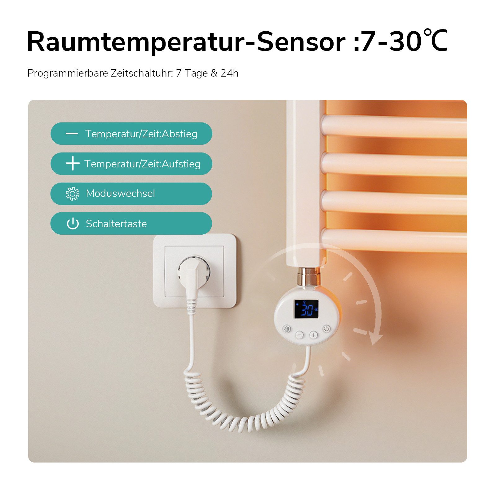 EMKE Elektrischer Badheizkörper mit Wifi APP Steuerung Thermostat Höhe: 120, 500/600W, 4 Heizmodi, 7-Tage-Timer, Boost & Frostschutz Gebogener Handtuchwärmer
