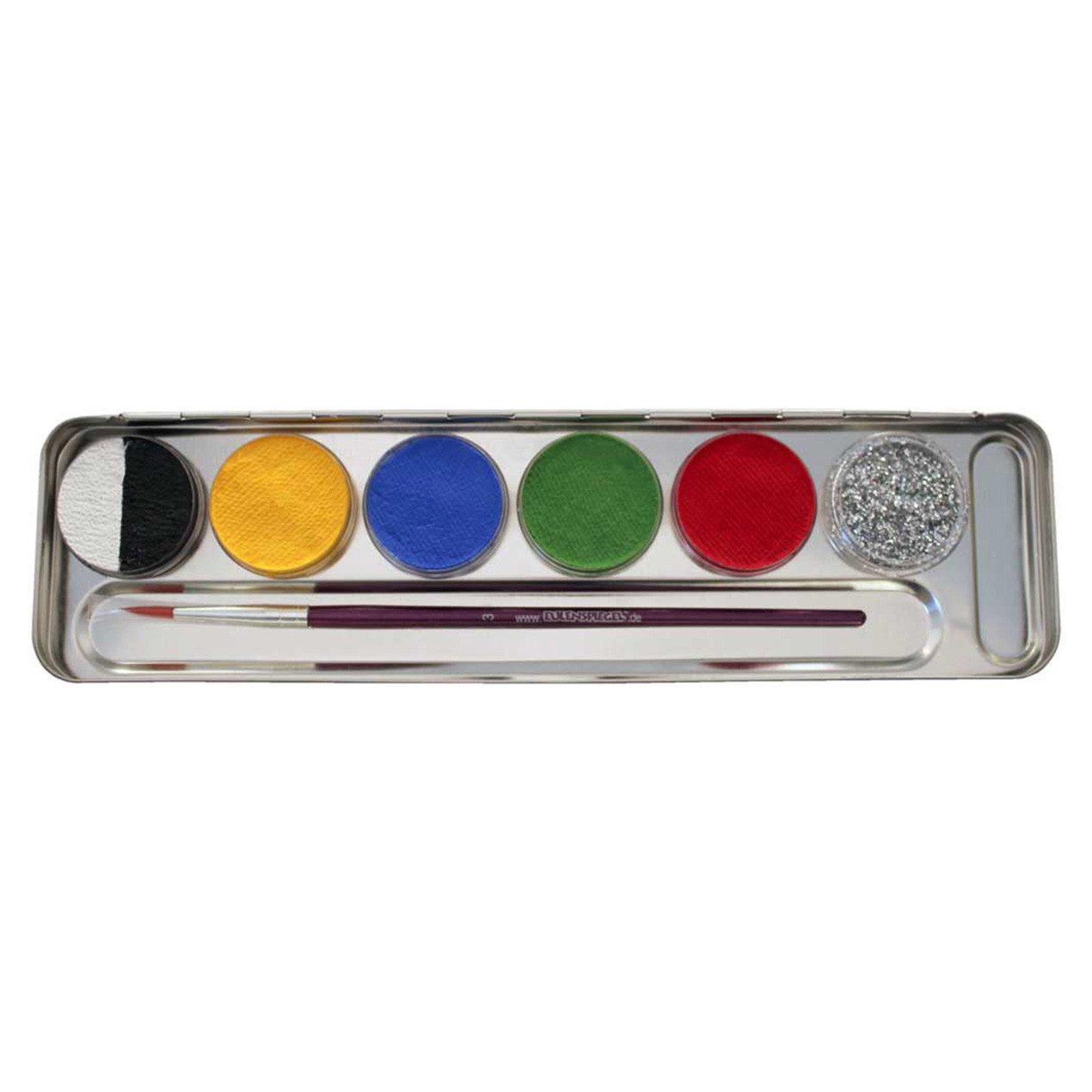 Eulenspiegel Theater Schminkpalette 6er Kombi Schminke Metall-Palette mit 5 Farben und 1x Glitzer+ Pinsel (1-tlg), Made in Germany, dermatologisch getestet