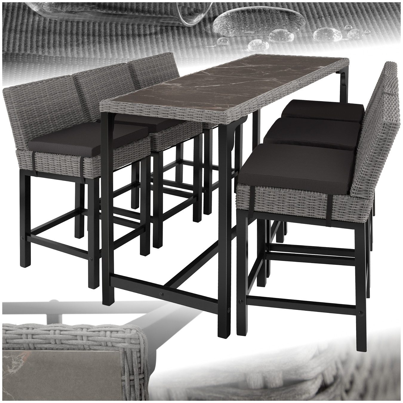 tectake Sitzgruppe Rattan Tisch Lovas mit 6 Stühlen Latina, (Set., 7-tlg), Hochwertiges Geflecht aus UV-beständigem Polyrattan