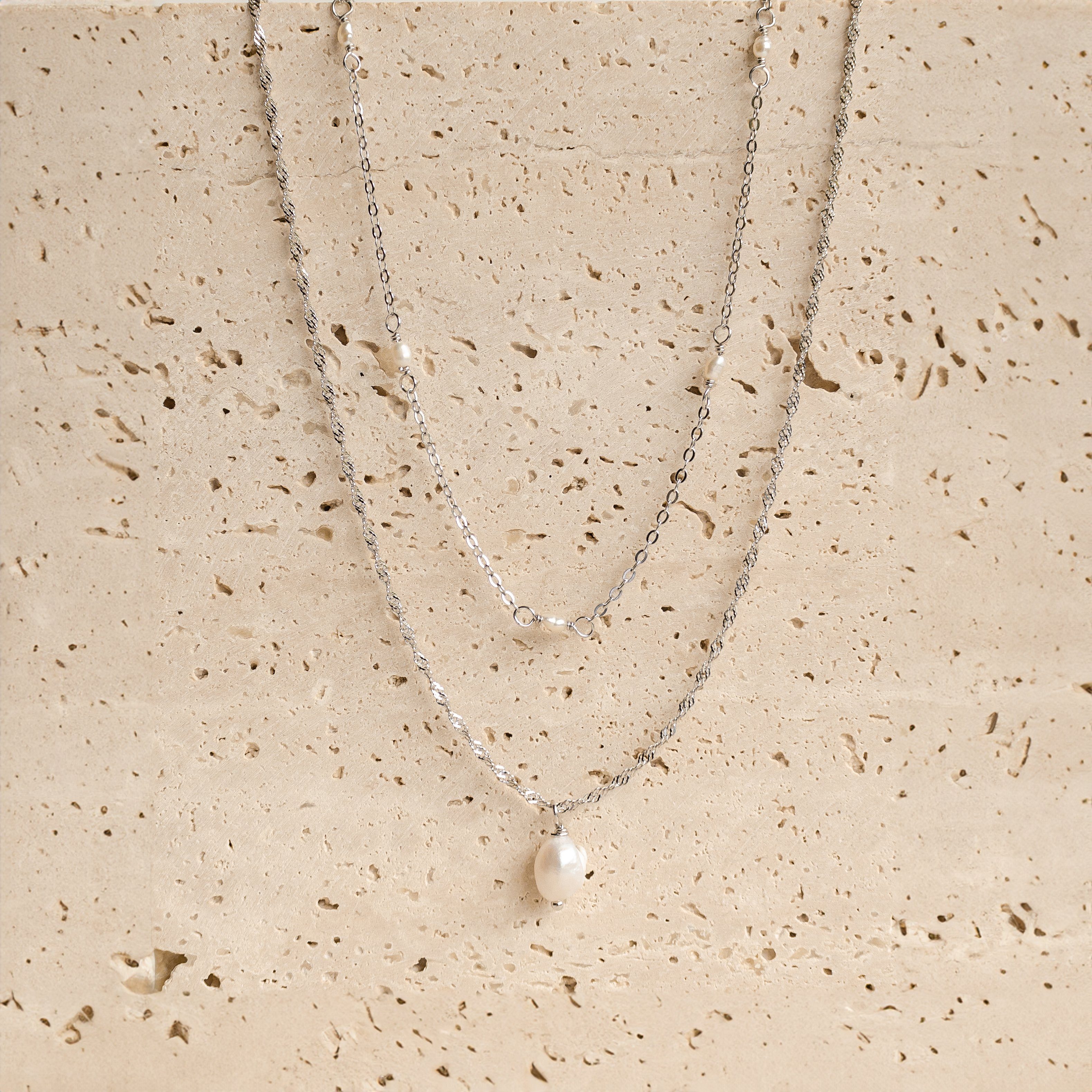 Hey Happiness Perlenketten-Set Damen 2-tlg., Schmuckset, Layer Halskette Silber 925 mit weißen Perlen, Brautschmuck