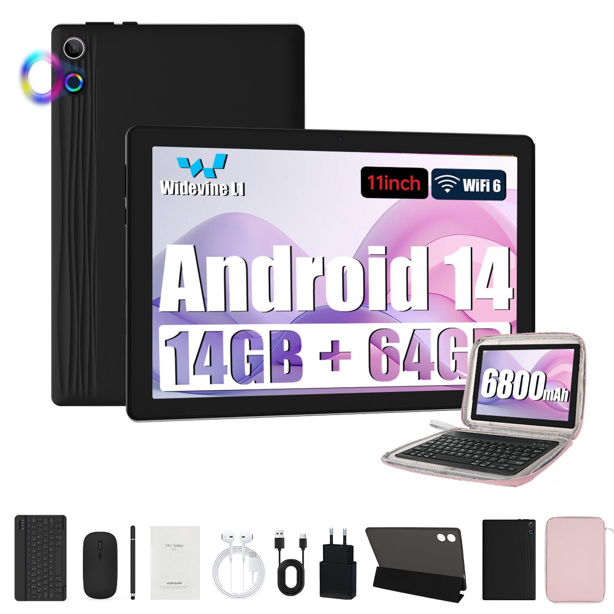 BUFO 11 Zoll Octa-Core, 3GB RAM, 64GB, HD 1280x800, mit Tastatur Maus Stift Tablet (11", 64 GB, Android, AIC8800D80 802.11 a/b/g/n/ax/ac (WiFi 6) + BT5.3, Android 14, Duale Kamera, 6800 mAh, WiFi 6, Bluetooth 5.3)