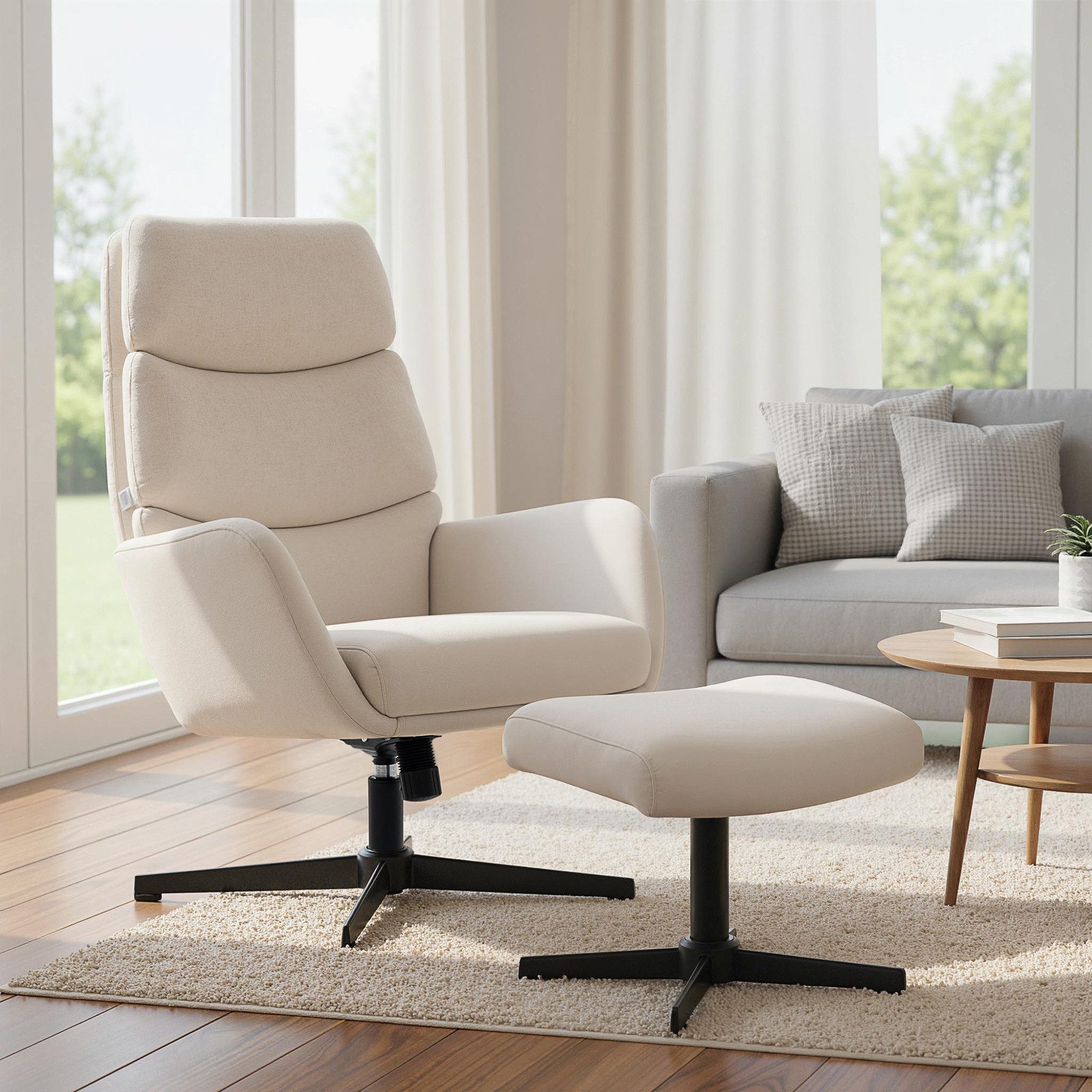 HOMCOM Relaxsessel Sessel mit hoher Rückenlehne, Loungesessel mit Wippfunktion (Fernsehsessel, 2-St., Loungesessel mit Hocker), für Wohnzimmer, Schlafzimmer, Beige