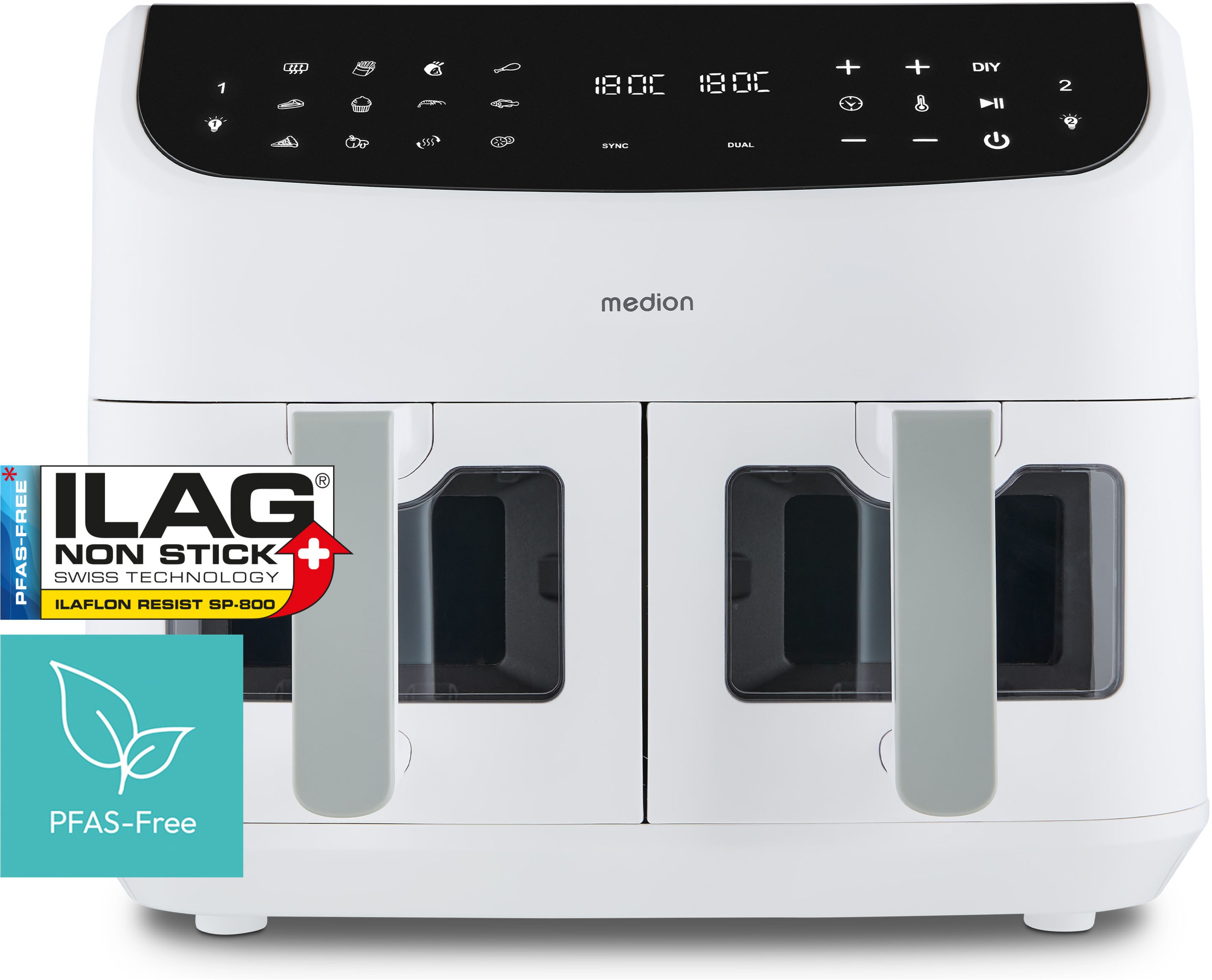 Medion® Heißluftfritteuse MD 11760 P20XXL Twin, 2400 W, Temperatur 50 - 200 °C, ILAG Beschichtung, Sync-Finish