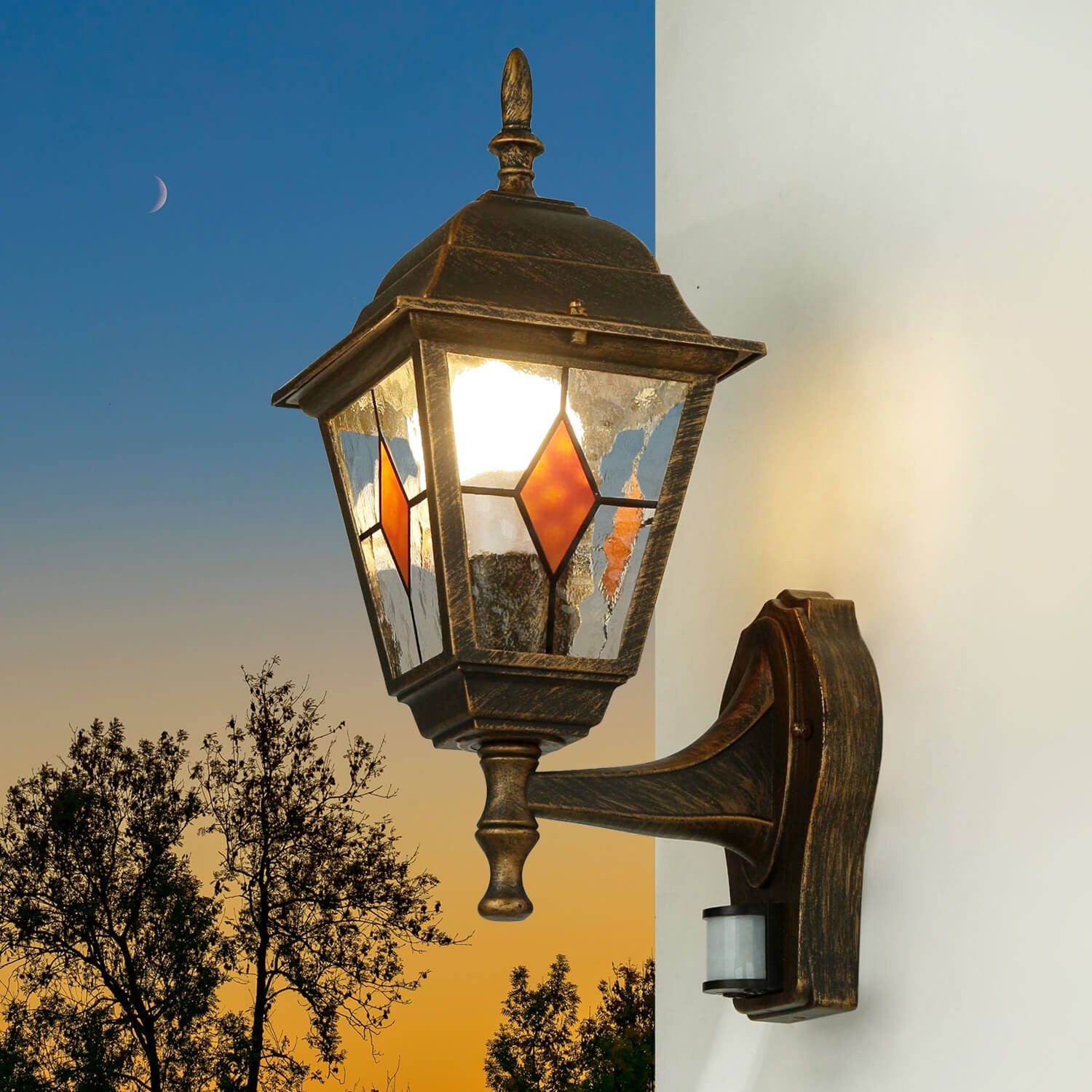 Licht-Erlebnisse Außen-Wandleuchte SALZBURG, ohne Leuchtmittel, Außenleuchte mit Bewegungsmelder Kupfer antik Wand Balkon Lampe