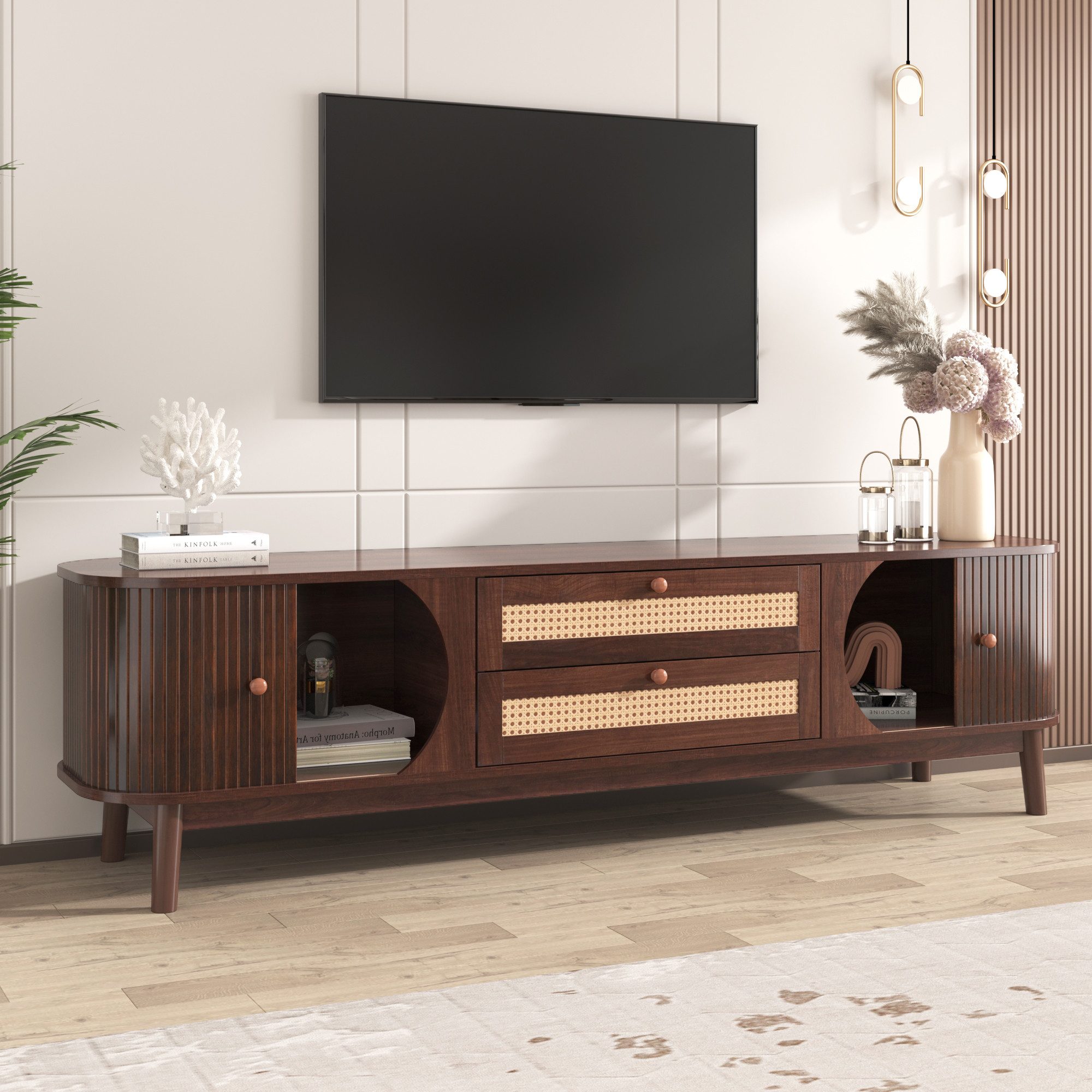 HAUSS SPOLE Lowboard TV-Schrank Fernsehtisch TV Board TV- Lowboard (TV-Schrank mit Türen und Schubladen., TV-Ständer mit Rattanseiten)