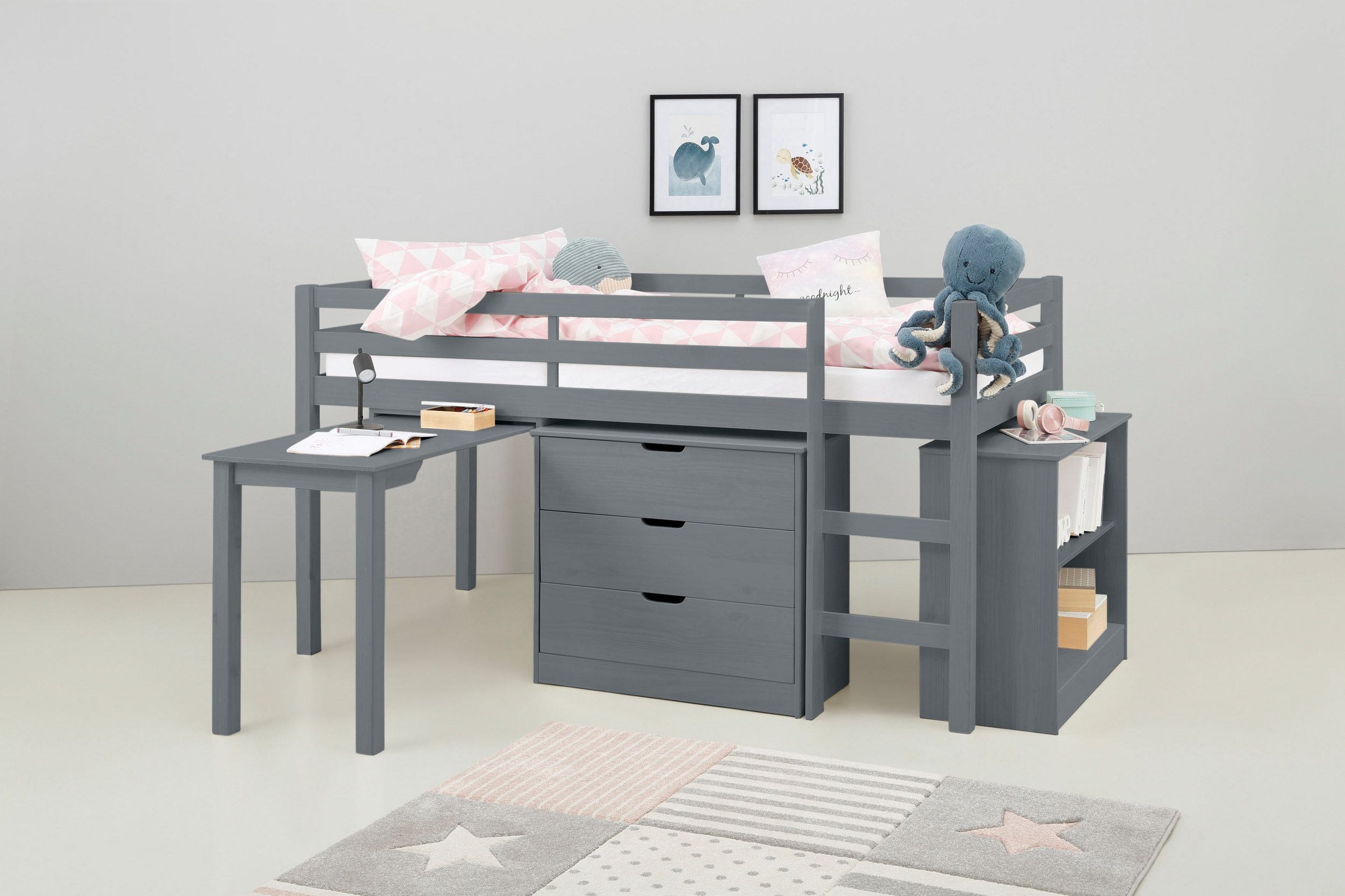 loft24 Hochbett Allie Kinderbett mit Schreibtisch und Kommode, Kiefer Massivholz, Landhaus