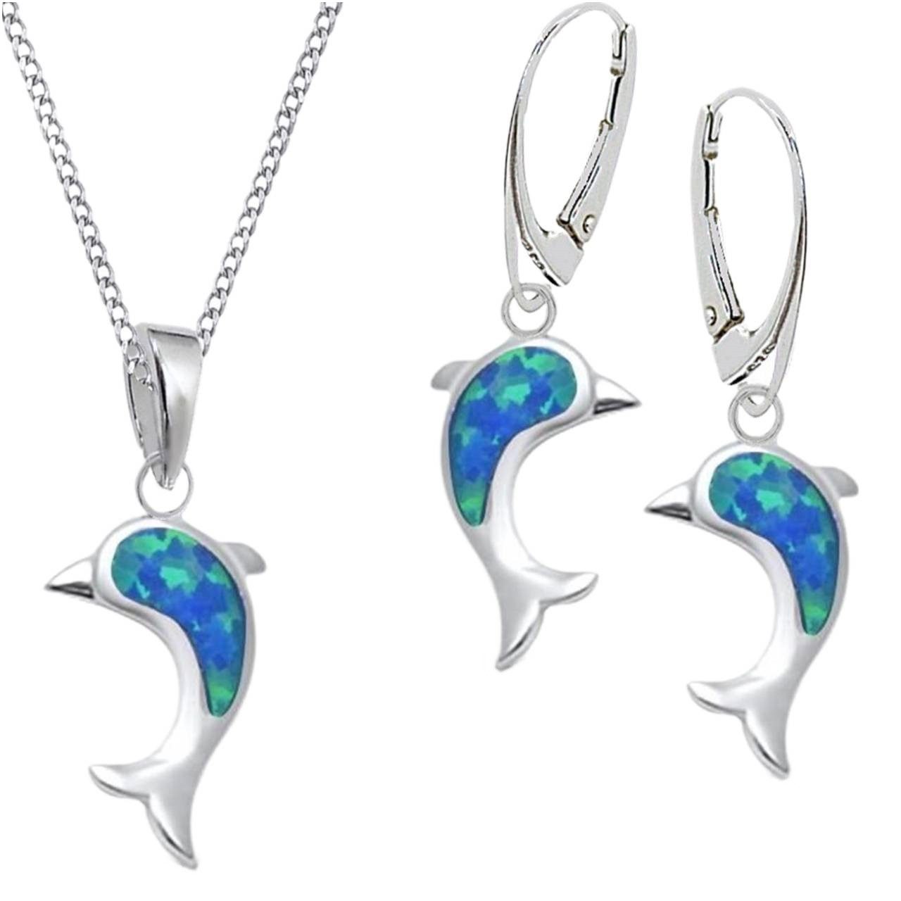 Goldene Hufeisen Schmuckset Schmuckset Opal Delfin Brisur Ohrringe Anhänger Kette 925 Silber (4-tlg, inkl. Etui), Damen Geschenkset