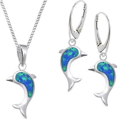 Goldene Hufeisen Schmuckset Schmuckset Opal Delfin Brisur Ohrringe Anhänger Kette 925 Silber (4-tlg, inkl. Etui), Damen Geschenkset