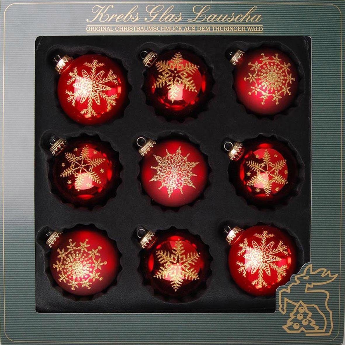 Krebs Glas Lauscha Weihnachtsbaumkugel Schneeflocke, Weihnachtsdeko rot, Christbaumschmuck (9 St), hochwertige Christbaumkugeln aus Glas, mundgeblasen, rot