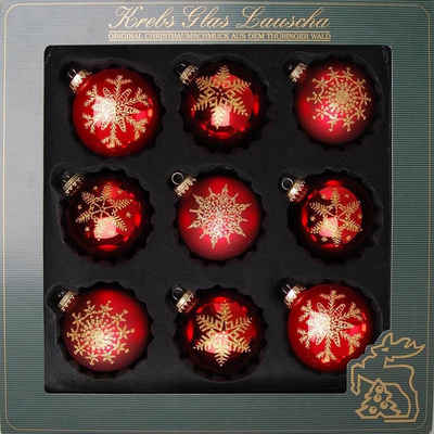 Krebs Glas Lauscha Weihnachtsbaumkugel »Schneeflocke, Weihnachtsdeko rot, Christbaumschmuck« (9 St), hochwertige Christbaumkugeln aus Glas, mundgeblasen, rot
