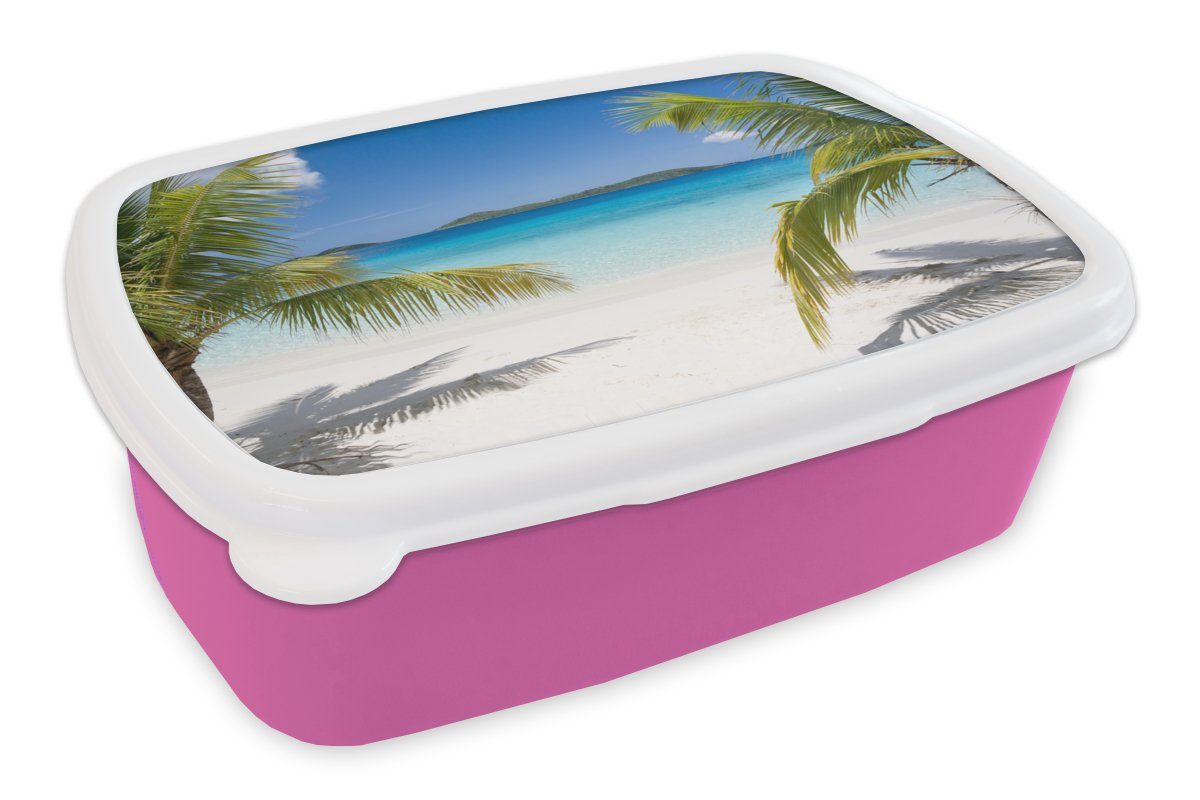 MuchoWow Lunchbox Strand - Kinder, für Palmen Kunststoff, - Snackbox, Brotbox rosa Mädchen, (2-tlg), Kunststoff Erwachsene, Brotdose Tropisch