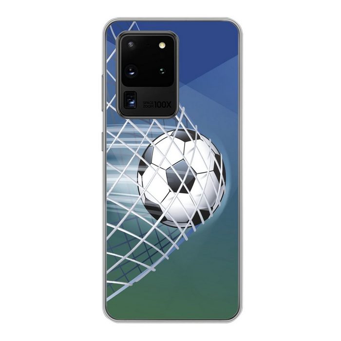 MuchoWow Handyhülle Eine Illustration eines Fußballs im Netz - Jungen - Mädchen - Kinder Phone Case Handyhülle Samsung Galaxy S20 Ultra Silikon Schutzhülle