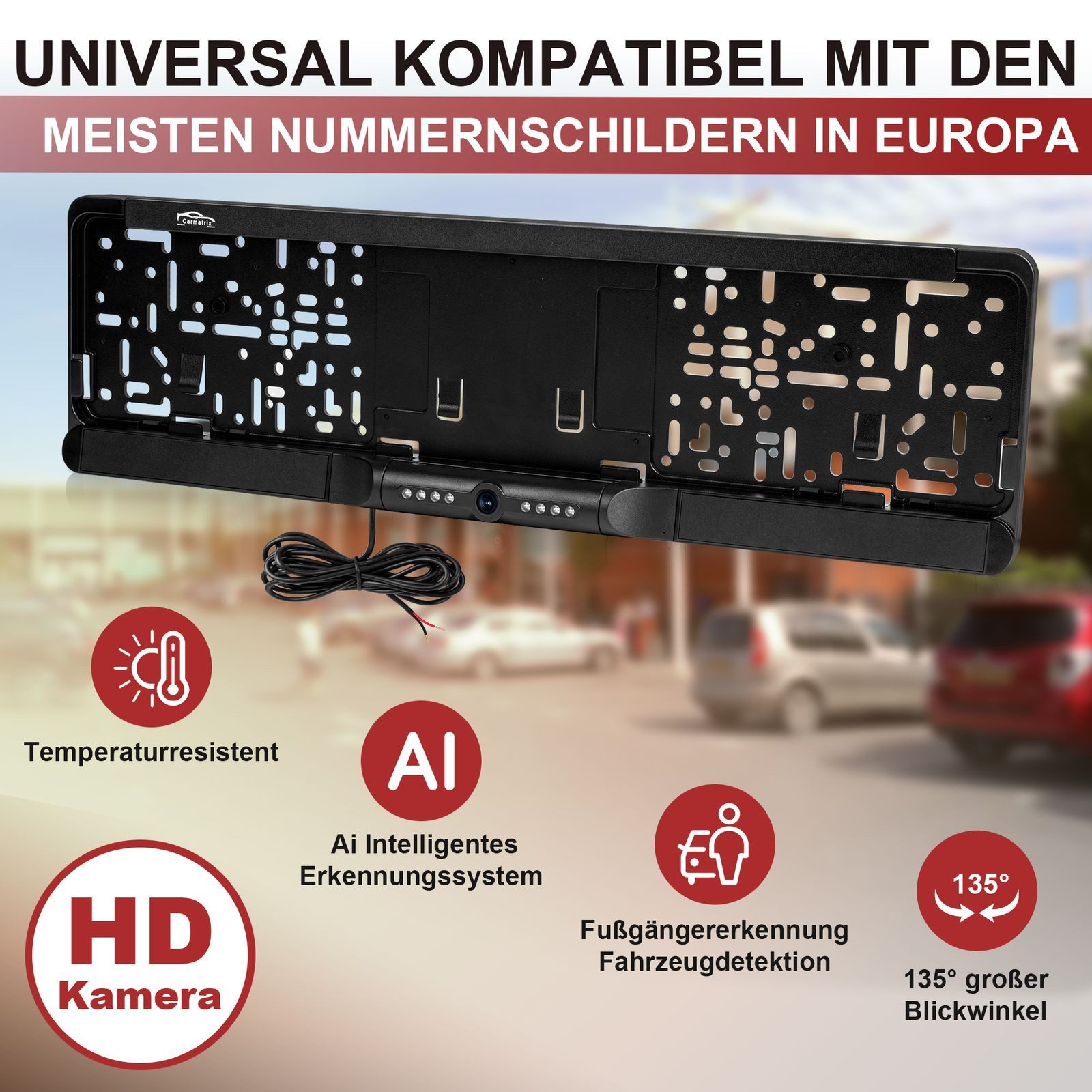CARMATRIX D43 Rückfahrkamera (Auto WLAN Funk Rückfahrsystem im Nummernschild Kennzeichenhalter, Rückfahrkamera Digital kabellose Einparkhilfe zum nachrüsten APP)
