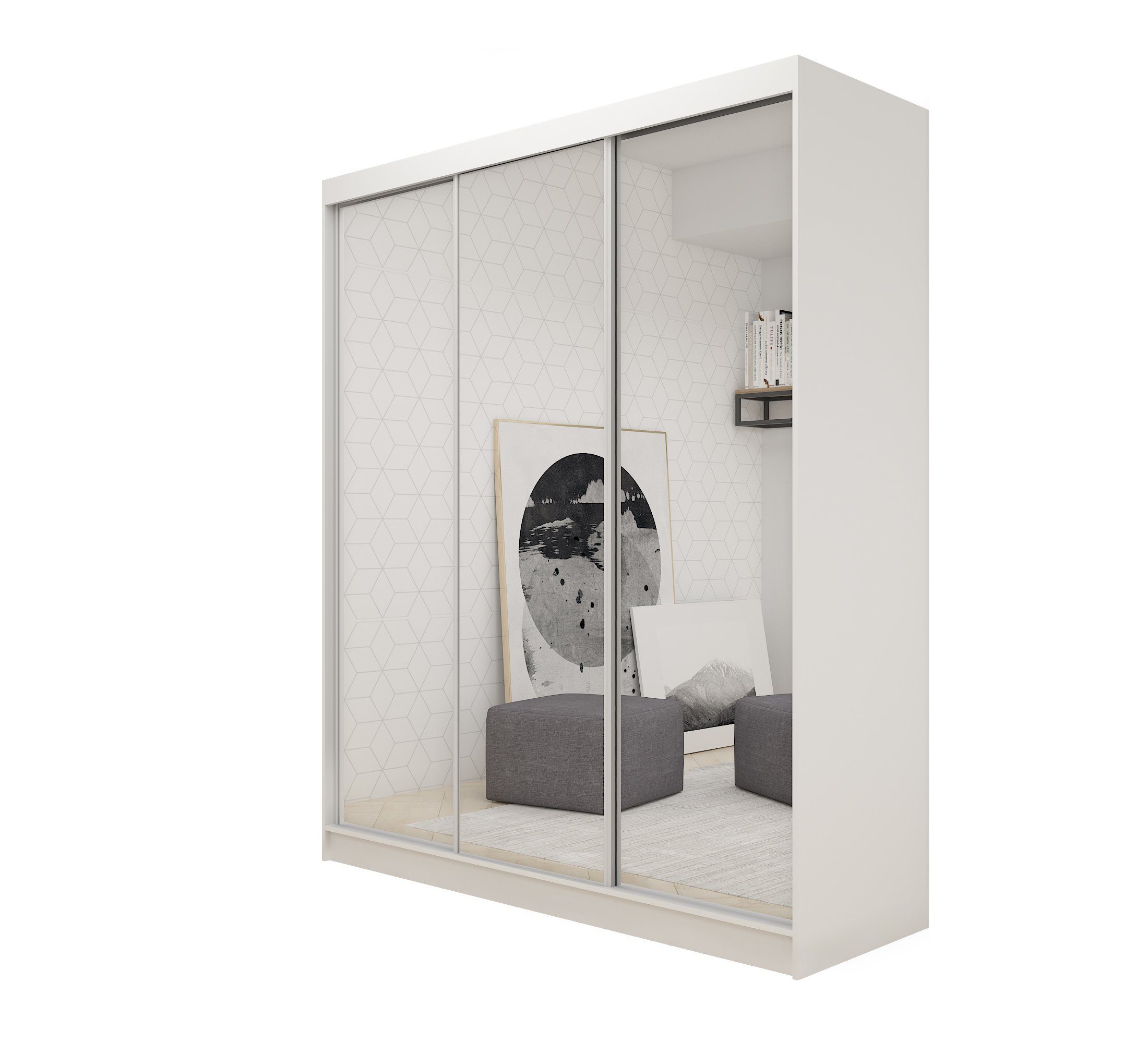 Compleo Schwebetürenschrank Compleo 180 cm, mit Weiß MOLDE 04, Kleiderschrank Garderobe Spiegel