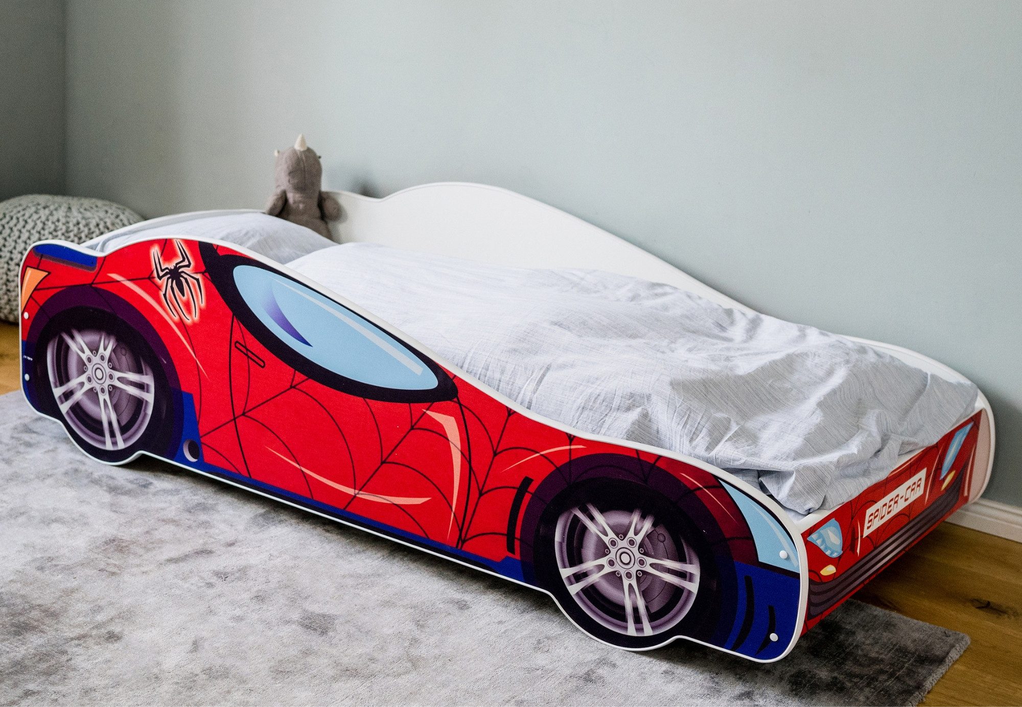 Kids Collective Kinderbett Kinderbett Jugendbett Spider 70x140, 80x160 cm mit Rausfallschutz, Autobett mit Lattenrost und Fallschutz 70x140 cm