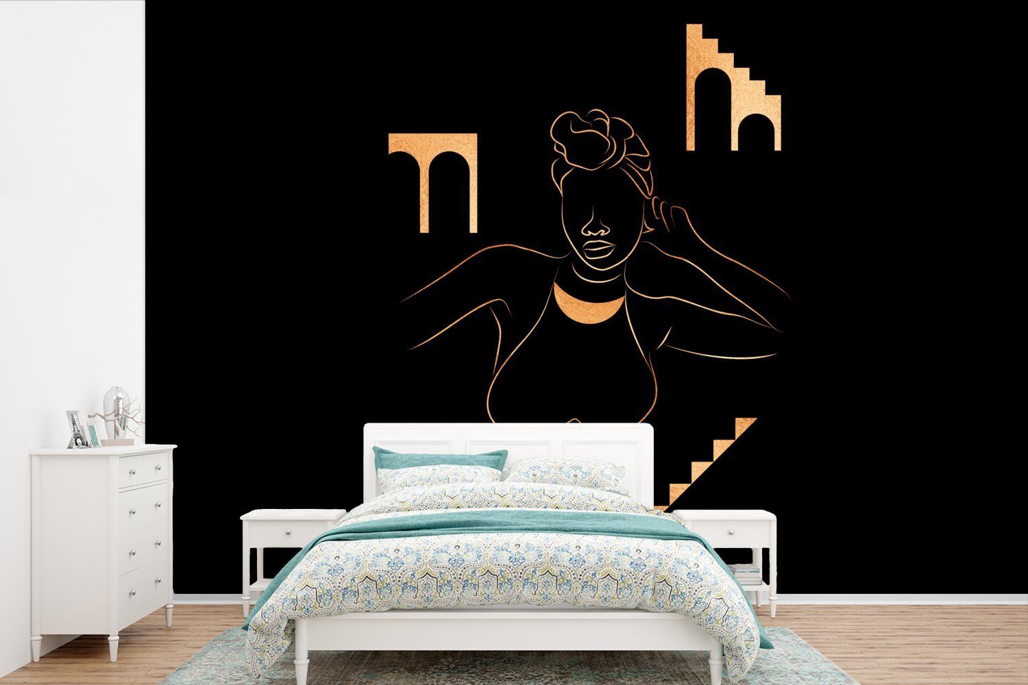 Schlafzimmer, Vinyl Frau Tapete Strichzeichnung, MuchoWow Wallpaper Fototapete für Gold bedruckt, (6 Kinderzimmer, - Matt, Wohnzimmer, St), -