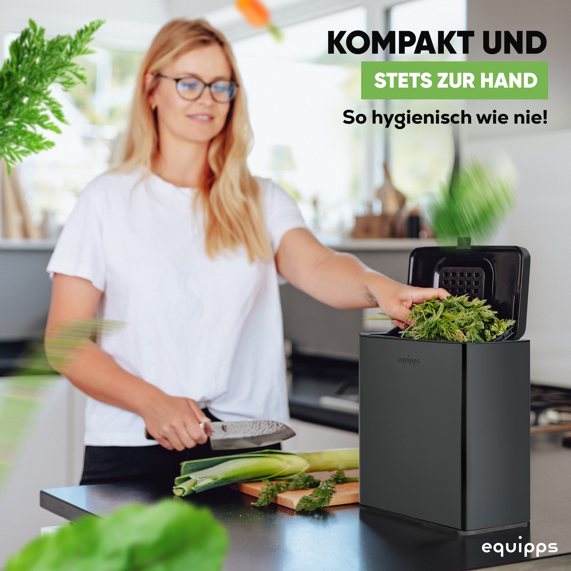 equipps Biomülleimer Biomülleimer mit Geruchsfilter 6L, Komposteimer Küche für Biomüll, mit Aktivkohlefilter, Schwingdeckel