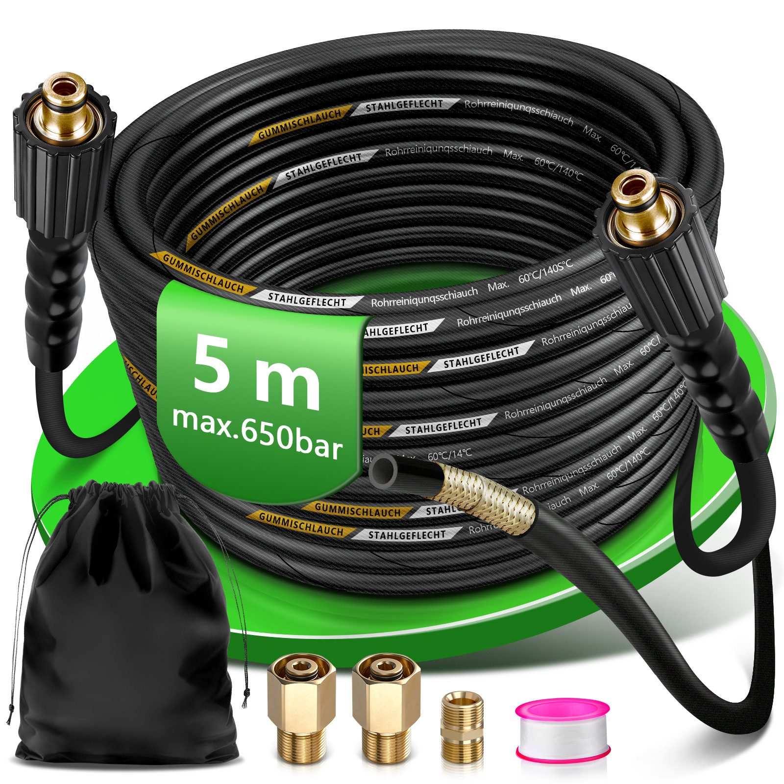 XERSEK Hochdruckschlauch 400 Bar Rohrreinigungsschlauch mit 2 Kärcher Adapter Rohrreinigungsset, 650 Bar Berstdruck, 4-Schichten-System, Mit Knickschutz, Messing-Adaptern & Aufbewahrungstasche, (Set), Geeignet Für Kärcher HD-/HDS-Hochdruckreiniger