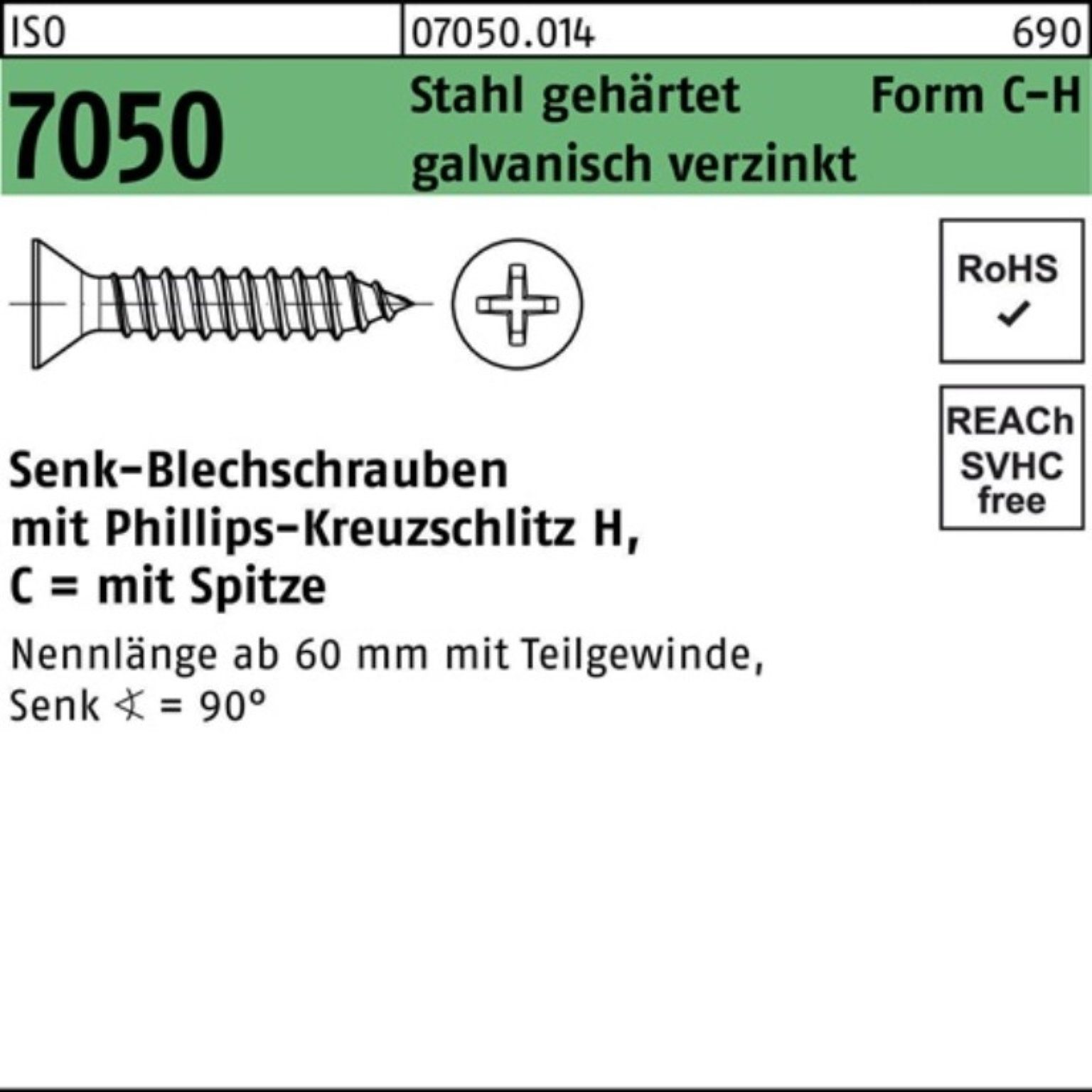 Reyher Blechschraube 250er Pack Blechschraube ISO 7050 SEKO Spitze/PH 4,2x70 -C-H Stahl geh