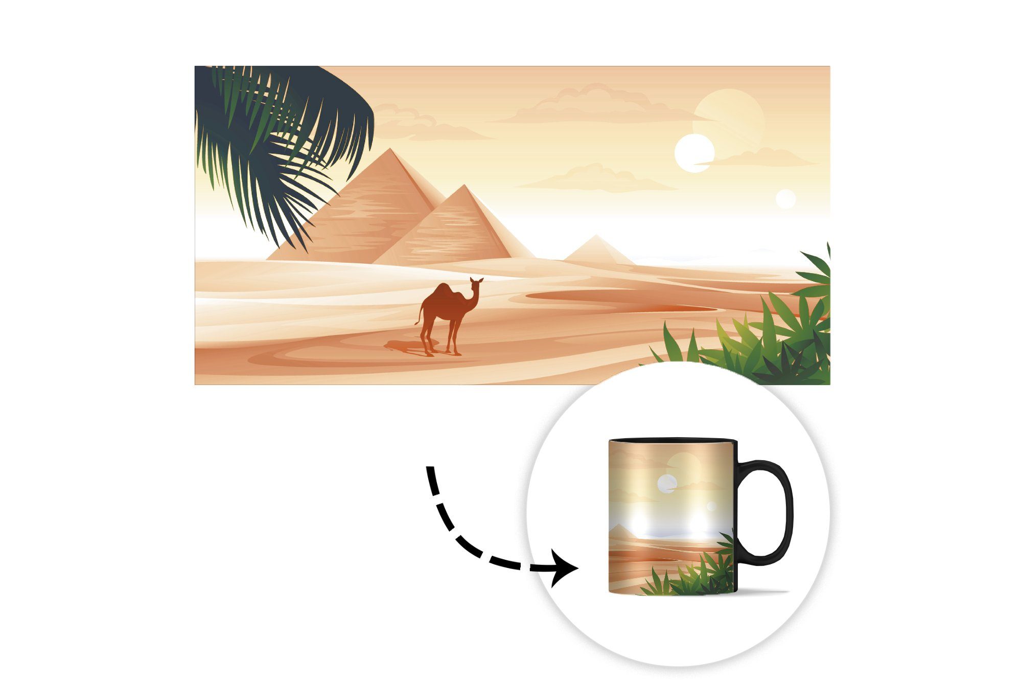 Zaubertasse, Keramik, MuchoWow in Geschenk den Farbwechsel, eines Pyramiden Illustration Tasse Kaffeetassen, Ägypten, vor Teetasse, Dromedars