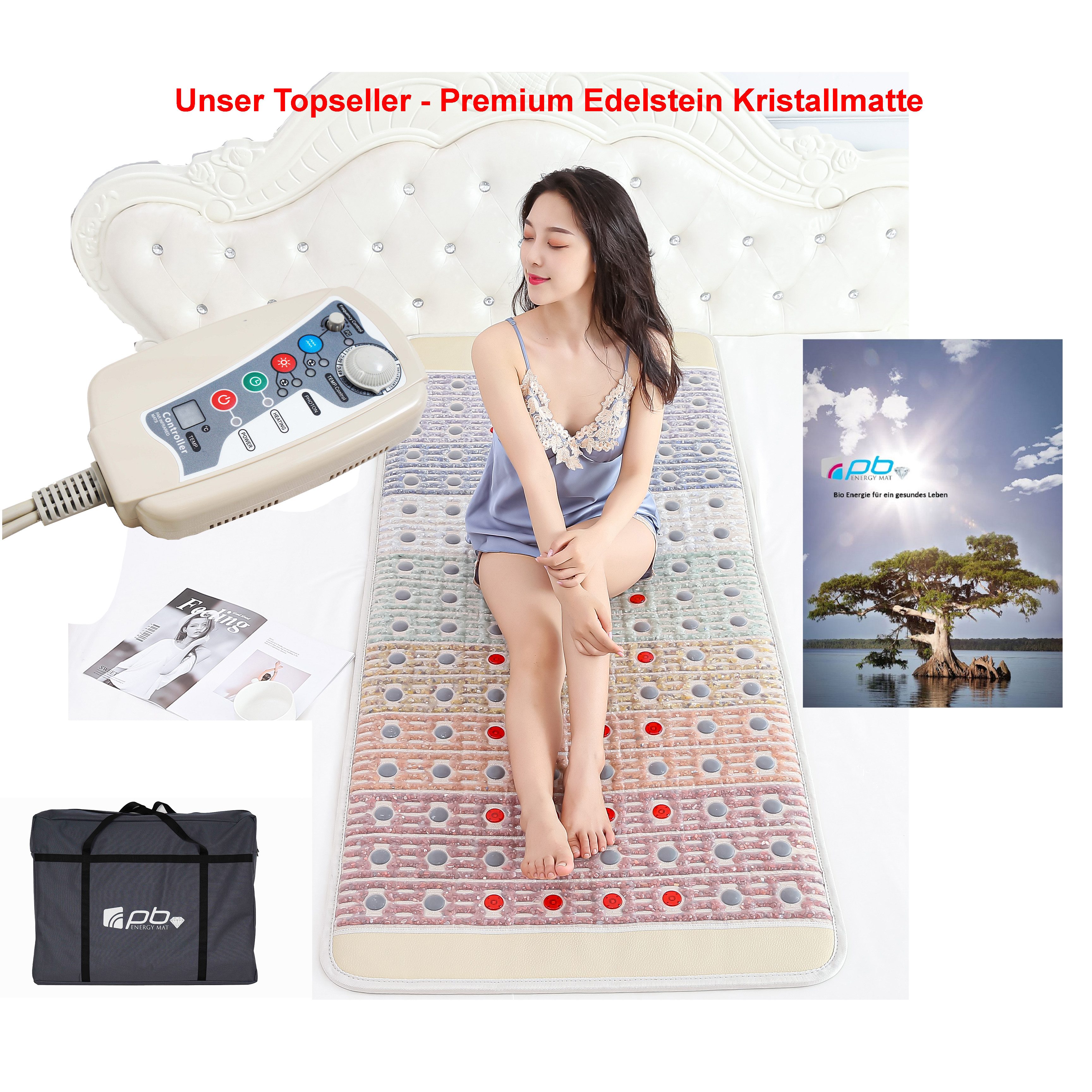 pb Energy Mat Heizmatten Premium Kristallmatte, Negativ Ionen, Infrarot-Tiefenwärme, 1 Set, 5-tlg., Biophotonen-Licht, Elektrosmog-Abschirmung, Schumann-Resonanz, 30℃∼70℃ stufenlose Einstellung, Pulsierendes Magnetfeld, 100Biansteine