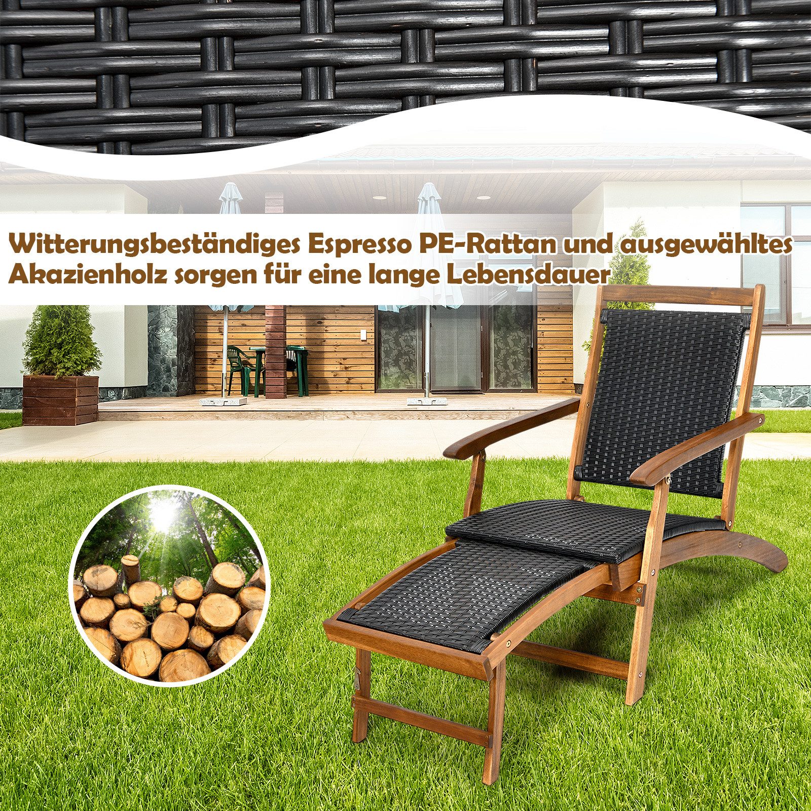 COSTWAY Gartenliege, Sonnenliege klappbar mit ausziehbarer Fußteil Rattan 160kg