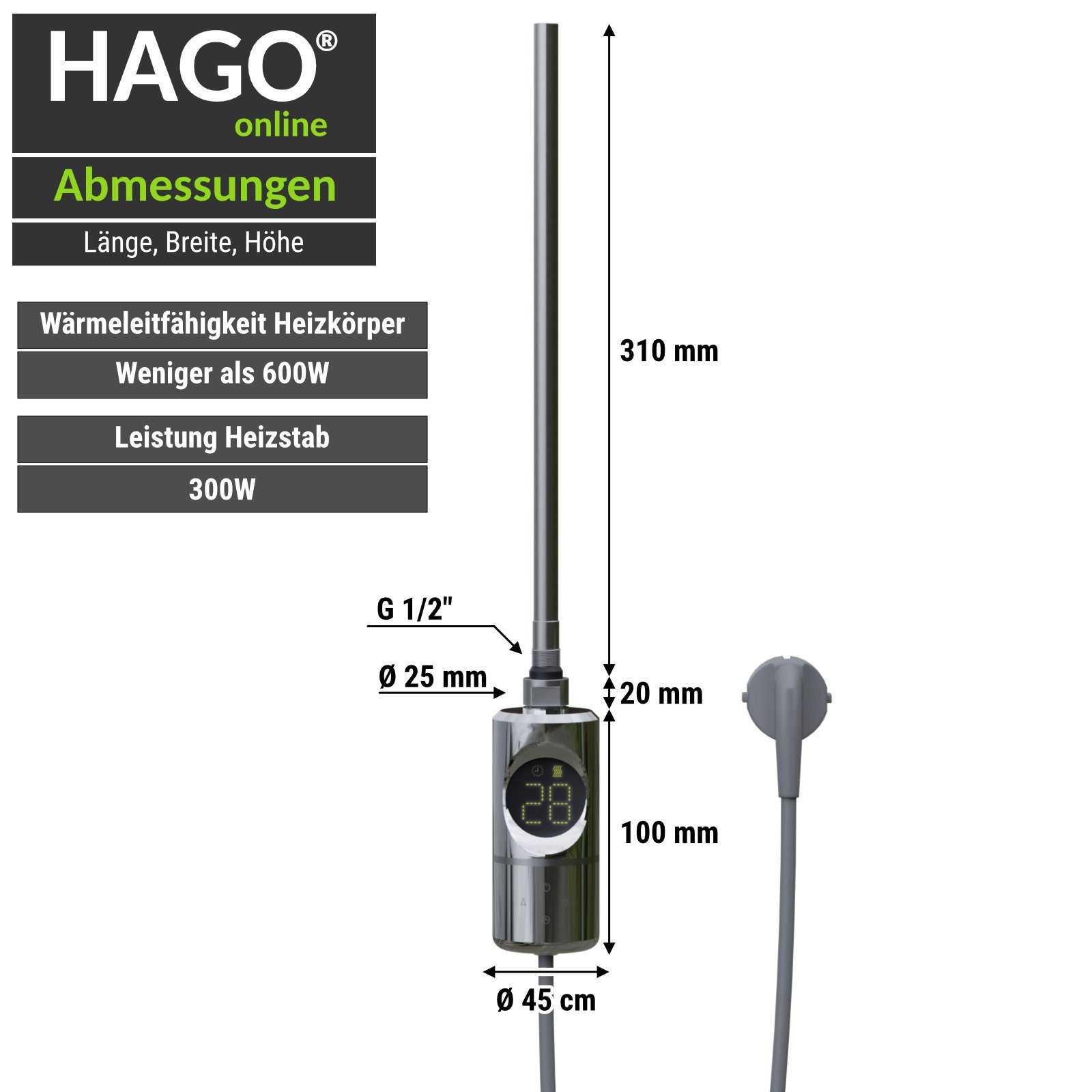 HAGO Heizstab Elektro Heizstab Heizlanze Heizelement zum Nachrüsten für Badheizkörpe