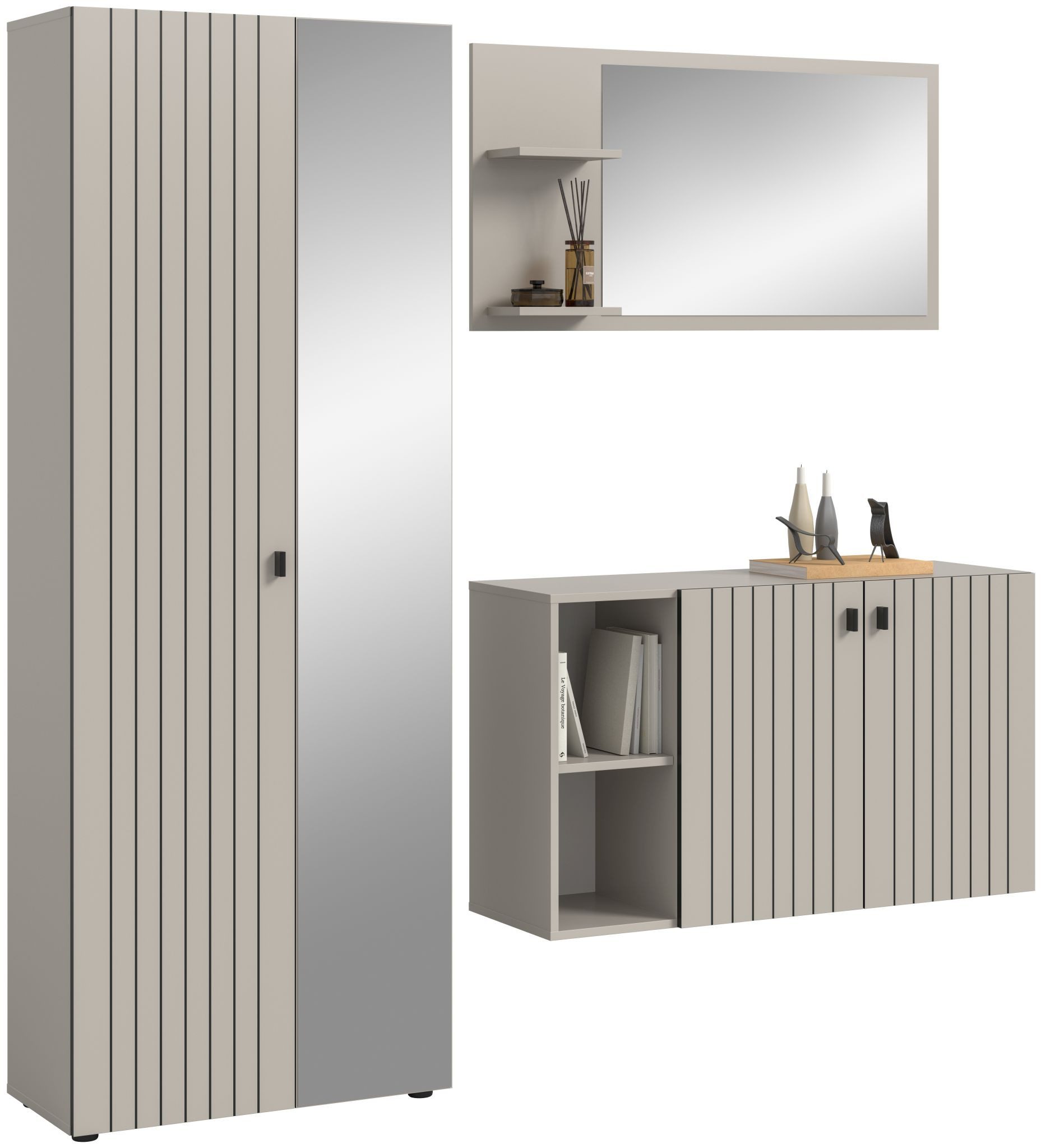 xonox.home Garderoben-Set, (3-tlg. Garderobenschrank, Schuhkommode & Garderobenspiegel), in Kaschmir Nachbildung B/H/T ca.: 191/192/37 cm