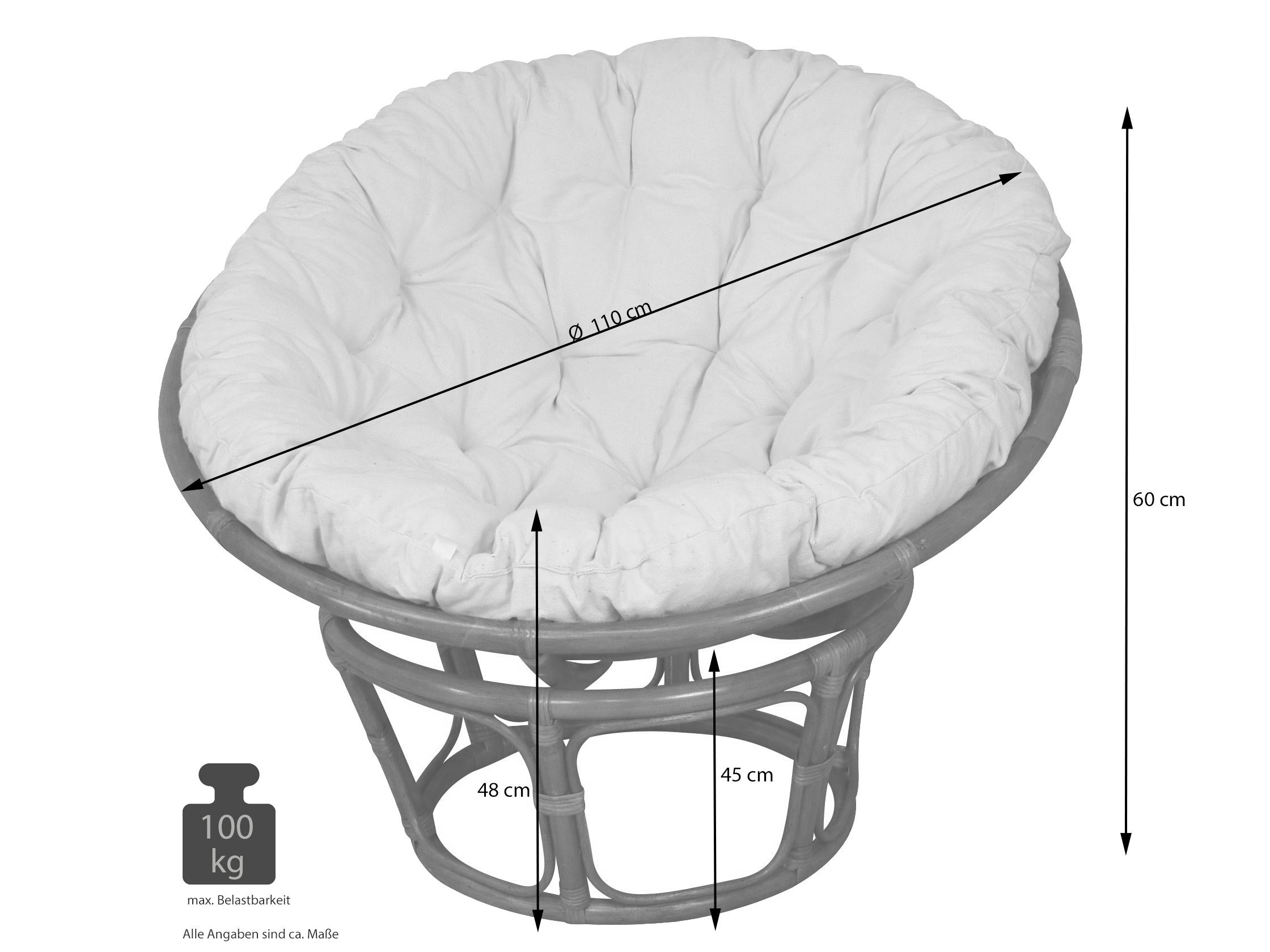 moebel-direkt-online Loungesessel Rattansessel mit bequemer großer Kissenauflage, Sitzschale Ø110 cm (mit Kissenauflage, Inklusive Kissenauflage), Sitzschale 110 cm Durchmesser. Extra groß