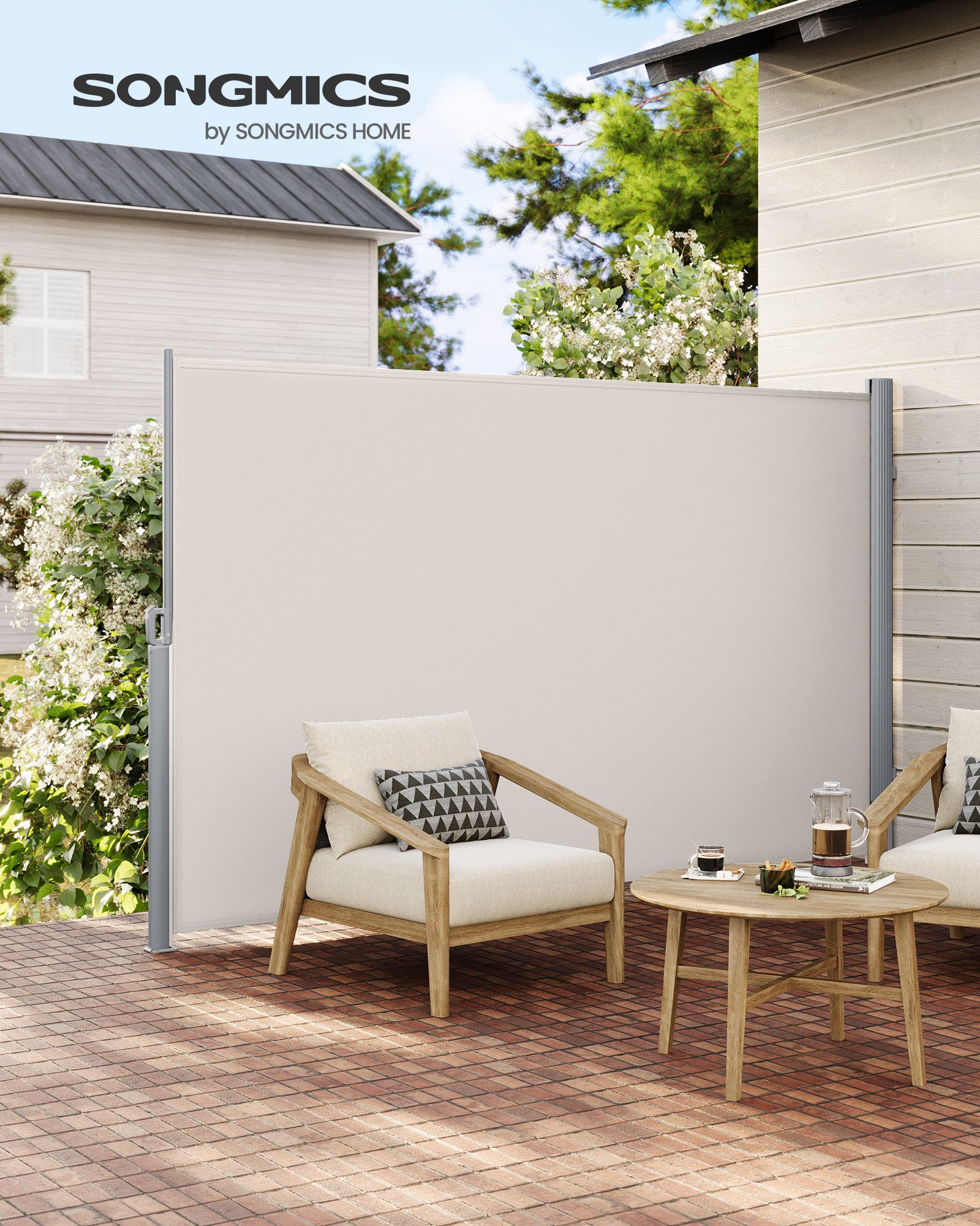 SONGMICS Seitenmarkise ausziehbar, Sichtschutz, balkon terrasse, Windschutz (Sonnenschutz, inkl. Zubehörpaket & Anleitung) Alu, 4 meter, Balkon, mitgelieferte Bodenhalterung