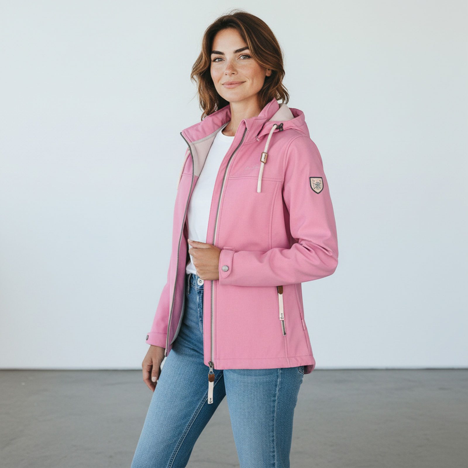 Dry Fashion Softshelljacke Baltrum Damen Jacke Softshell Fleece-Futter - Übergangsjacke Outdoor Atmungsaktiv, Verstellbare & abnehmbare Kapuze, 2-Wege-Reißverschluss