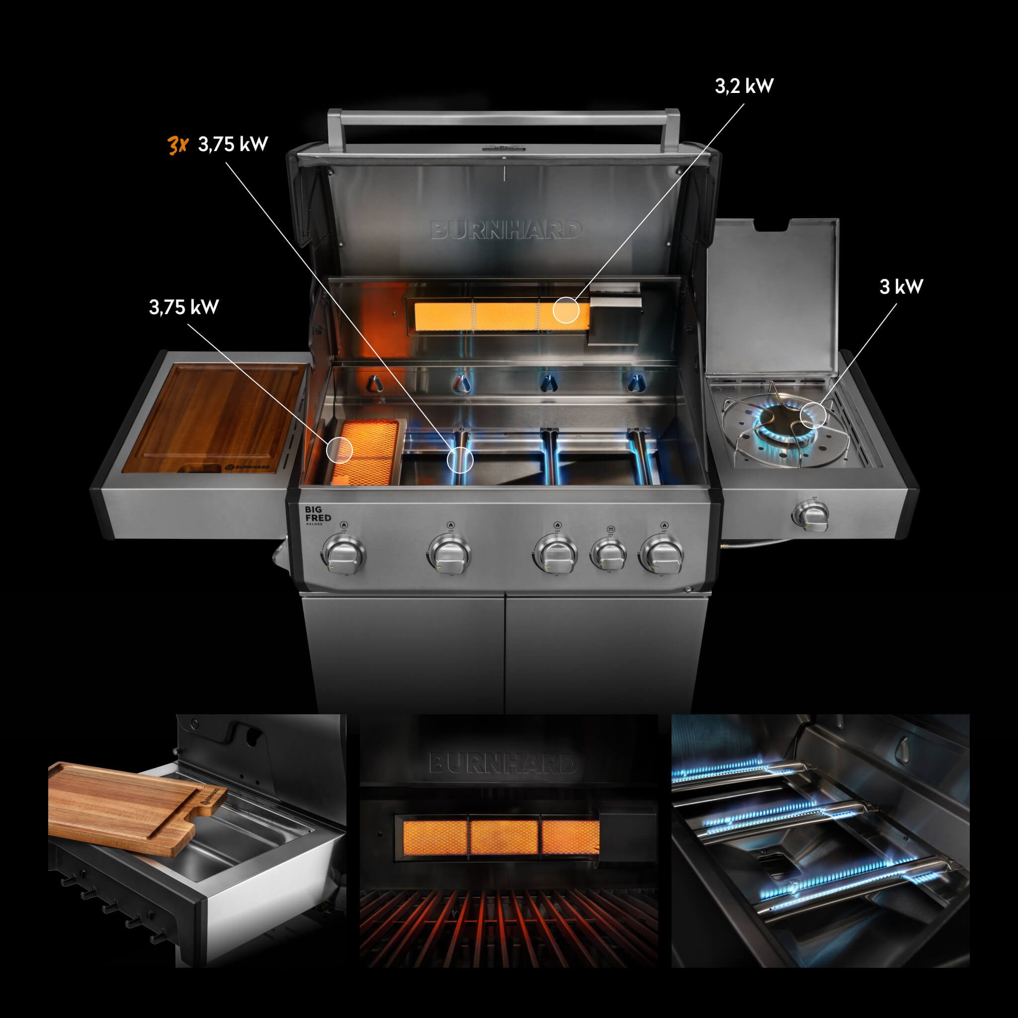 BURNHARD® Gasgrill 4-Brenner, 21,2 kW Gesamtleistung, Infrarot-Keramikbrenner, Seitenkochfeld, Edelstahl-Stabbrenner, Gussrost, große Grillfläche, Piezo-Zündung – Big FRED Deluxe