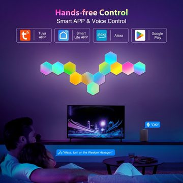 BlingBin LED Panel 12er-Pack Smart RGB Sechseck Gaming Wandleuchte, mit Musik Sync Fernbedienung, LED fest integriert, RGB, DIY Waben Wand Licht mit Alexa und Google Assistant