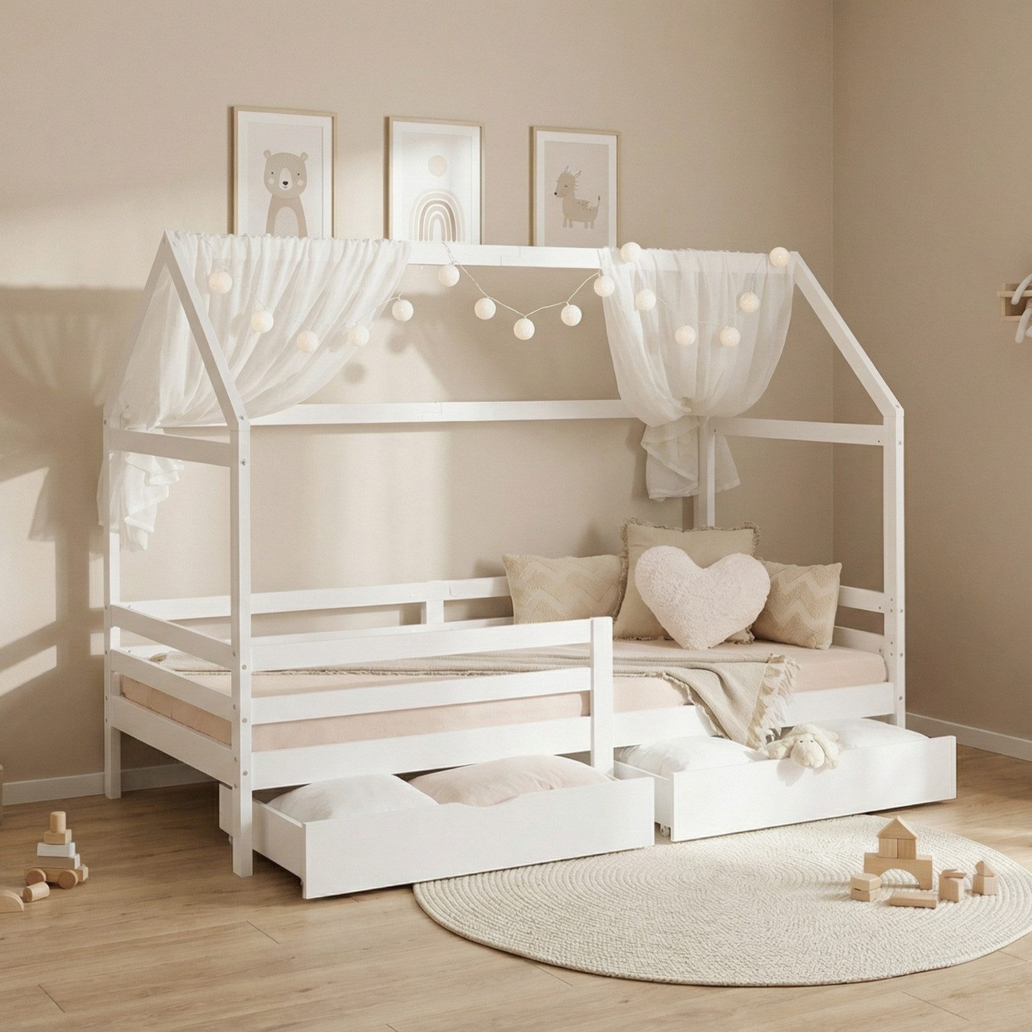 Homestyle4u Hausbett 90x200 Kinderbett Weiß Holz Kleinkind halbhoch Montessori 3 Jahre (Set, Bettgestell mit Lattenrost und Rausfallschutz), mit Stauraum (2x Bettkasten/Schublade)