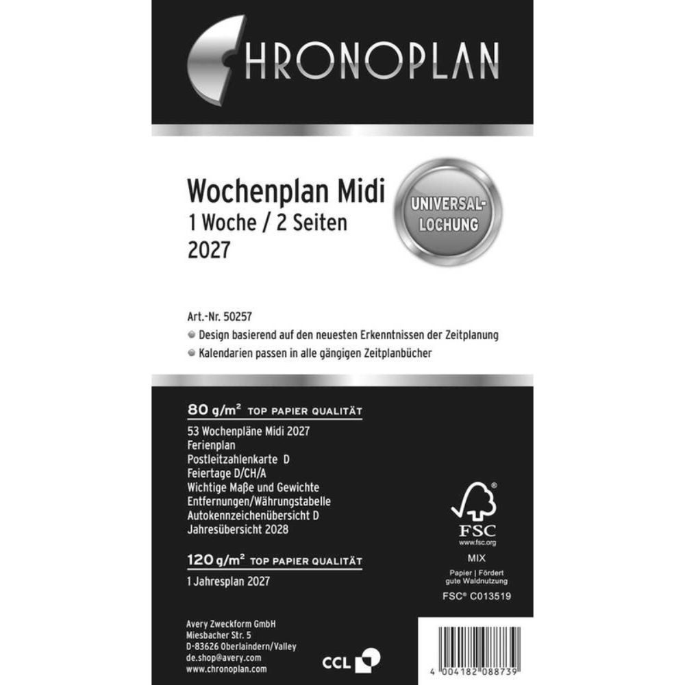 Avery Zweckform Terminkalender 50257 CHRONOPLAN Kalendereinlage 2027 Wochenplaner Midi