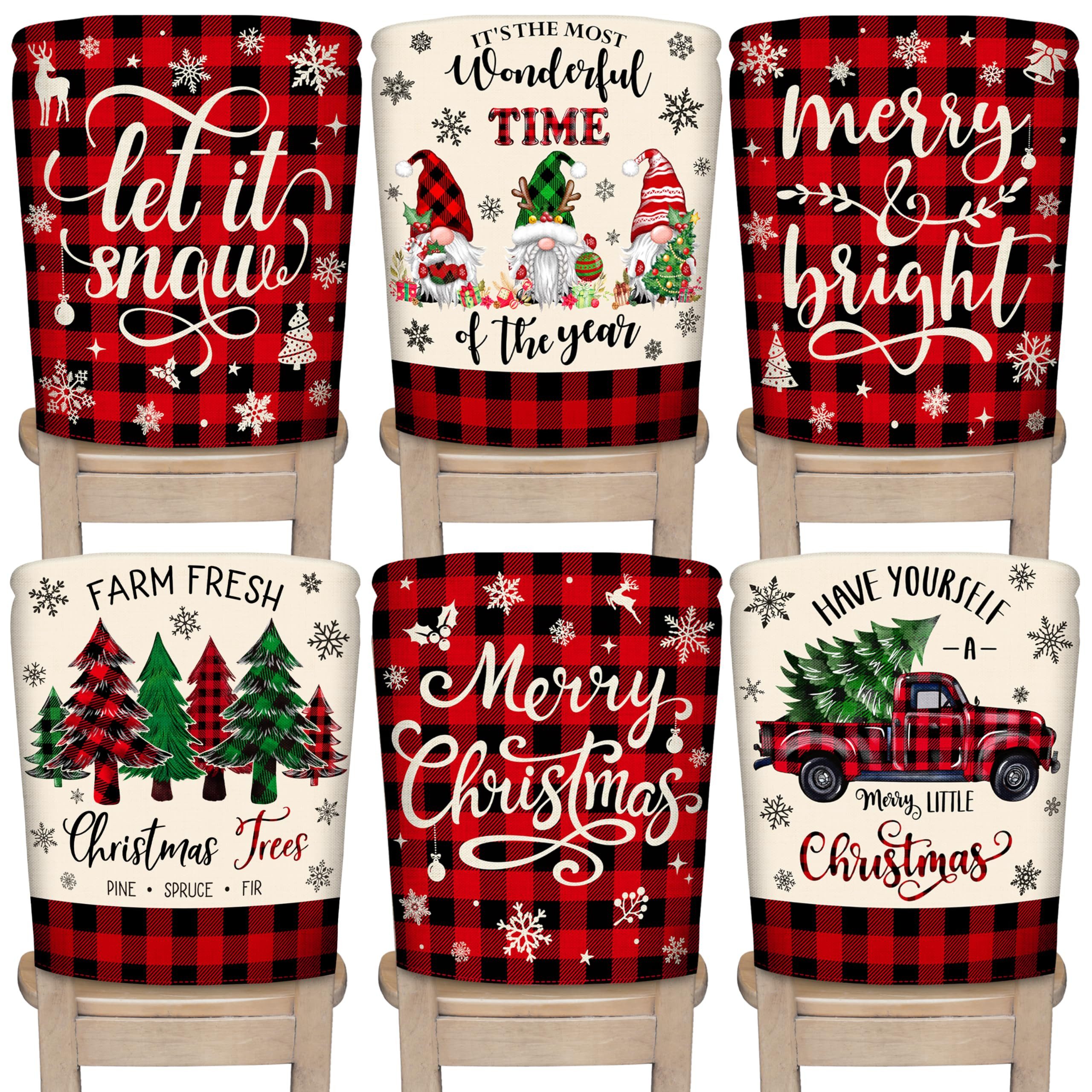CLTYQ Stuhlhusse 6er-Set Weihnachtsstuhlhussen, Hussen-Set Waschbar, Weihnachtsdeko, rot-schwarz kariert, mit Zwergen- und Weihnachtsbaummotiven
