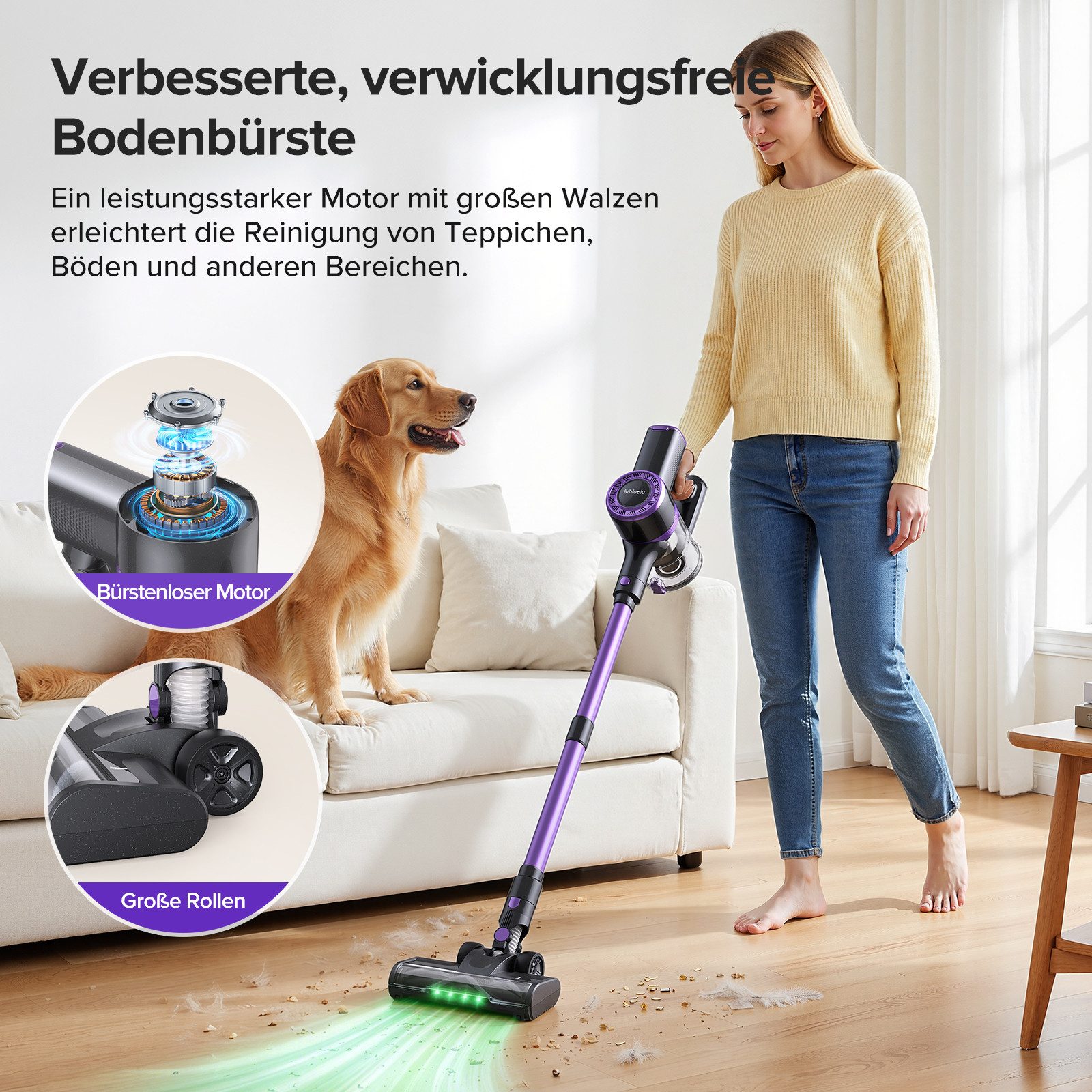 lubluelu Akku-Hand-und Stielstaubsauger P2 kabellos 6in1 Akkustaubsauger mit Geen LED 40KPA, 150 W, beutellos, 40000 Pa / V-förmige, große Anti-Verhedderungsbürste