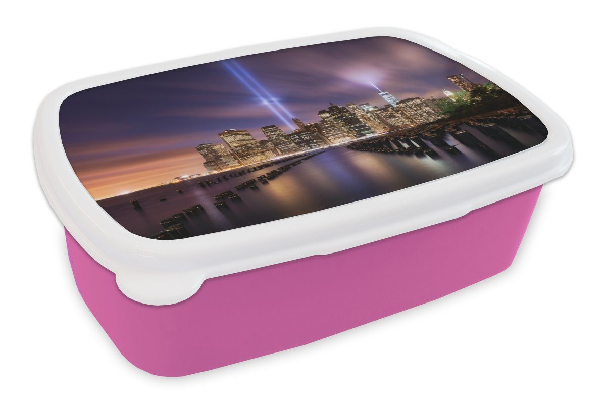 MuchoWow Lunchbox New York - Nacht - Stadt - Wasser, Kunststoff, (2-tlg), Brotbox für Erwachsene, Brotdose Kinder, Snackbox, Mädchen, Kunststoff rosa