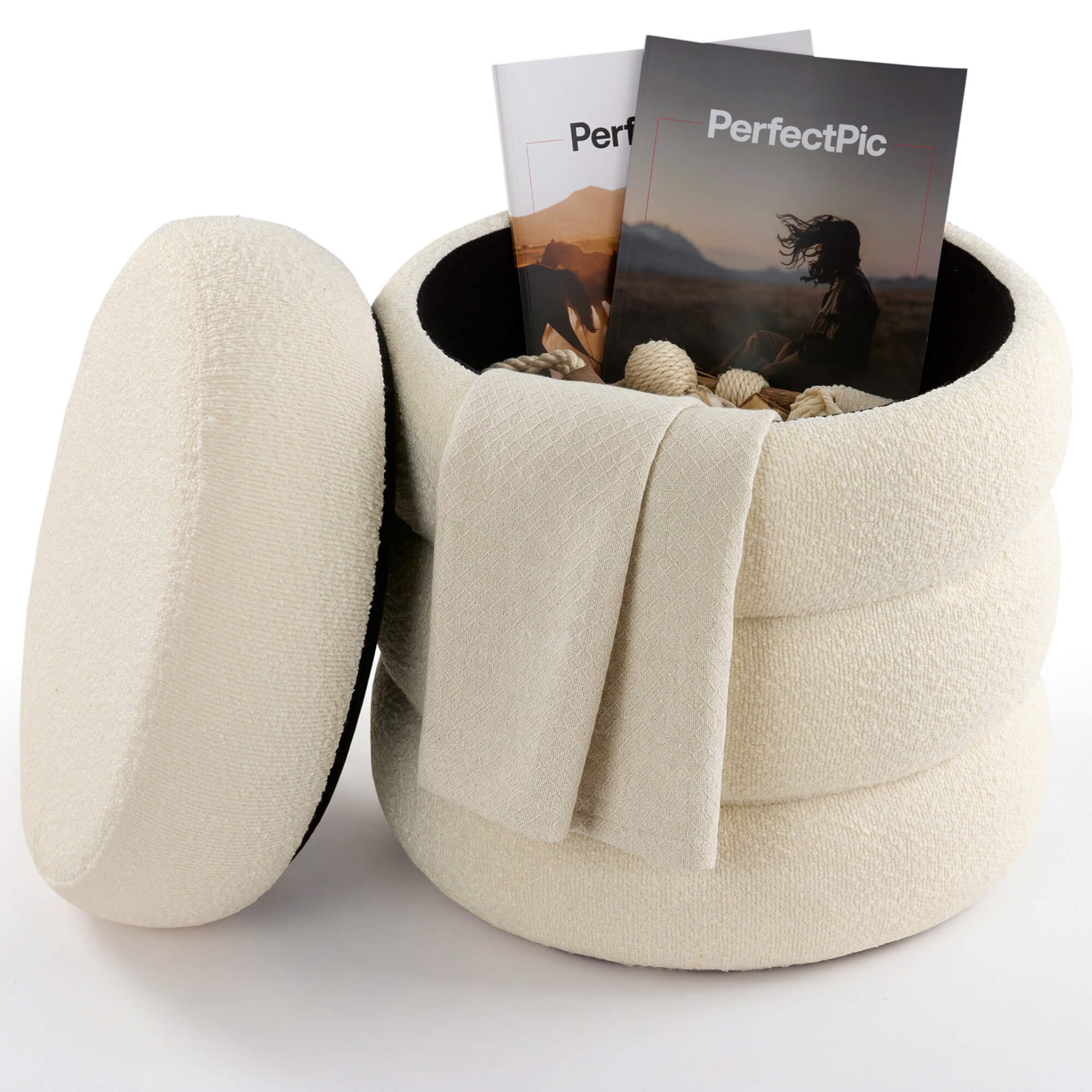 Arebos Sitzhocker Schminkhocker mit Stauraum Bouclé Hocker Creme Ø42 cm, Sitzhocker mit praktischem Stauraum und Bouclé-Bezug