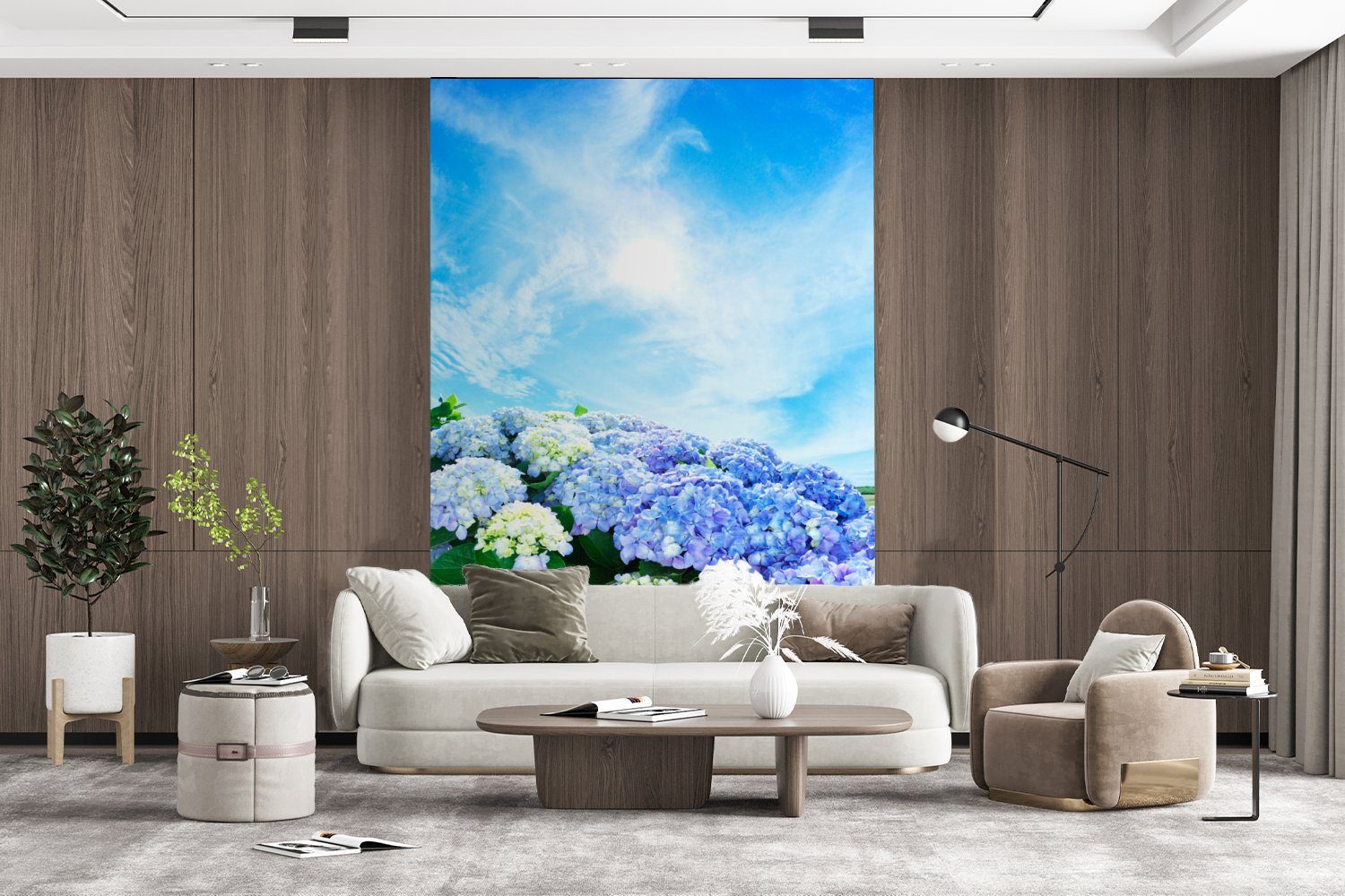 Hortensienblüten, St), Fototapete Wohnzimmer, für (3 Japanische Tapete Wandtapete bedruckt, Montagefertig Vinyl Matt, MuchoWow