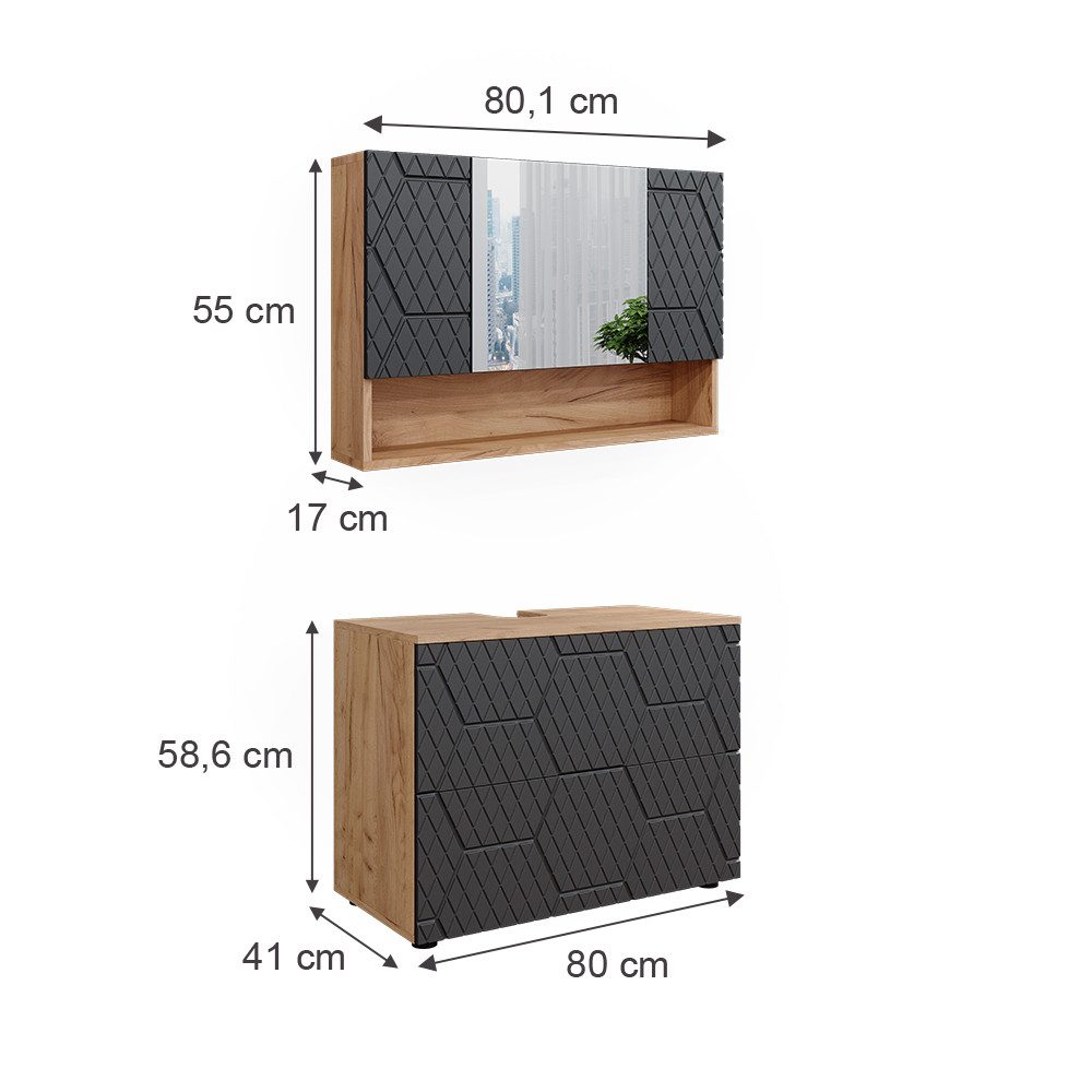 Vicco Badmöbel-Set Irma, Anthrazit mit Wabenstruktur/Goldkraft Eiche, 2 Teile, Untersc..., (2-St., 2er Set)