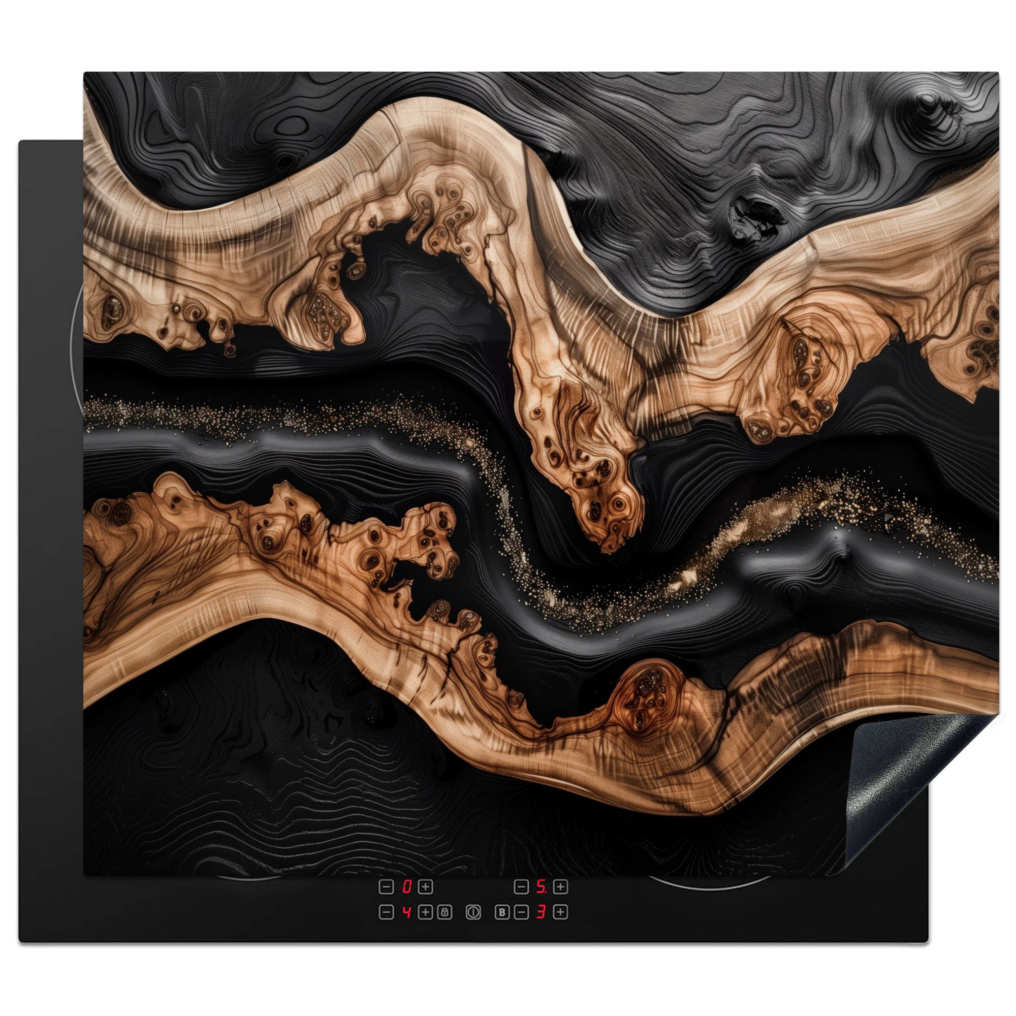 MuchoWow Herd-Abdeckplatte Schwarz - Braun - Holzmotiv, Vinyl, (1 tlg), Ceranfeldabdeckung Küche, Herdabdeckplatte Einteilig, 60x52 cm