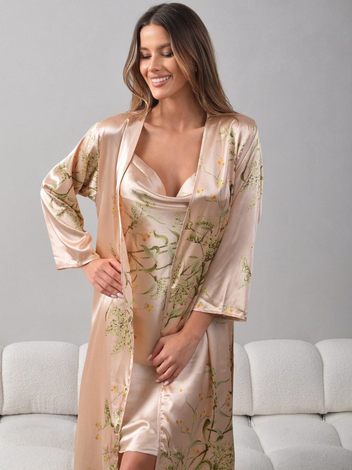 Elegant Love Morgenmantel Satin Pyjama-Set 2-tlg., Damen-Loungewear & Nachtwäsche, Robe + Unterkleid, Gürtel, Negligee mit wasserfallausschnitt