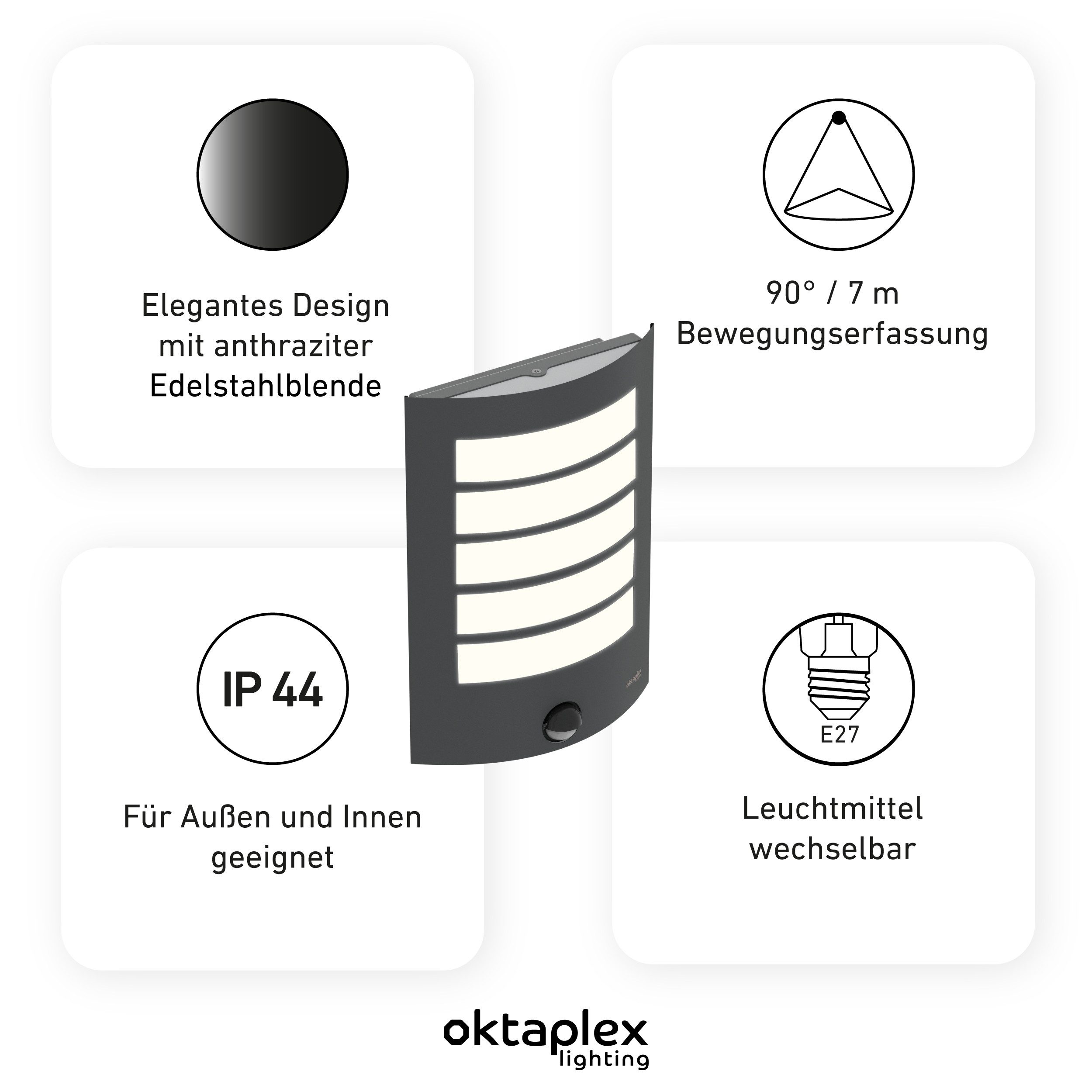 Oktaplex lighting Außen-Wandleuchte Alto E27 Außenlampe mit Bewegungsmelder 7m / 90 Grad, PIR-Sensor, ohne Leuchtmittel, Außenleuchte IP44 Edelstahl Blende anthrazit