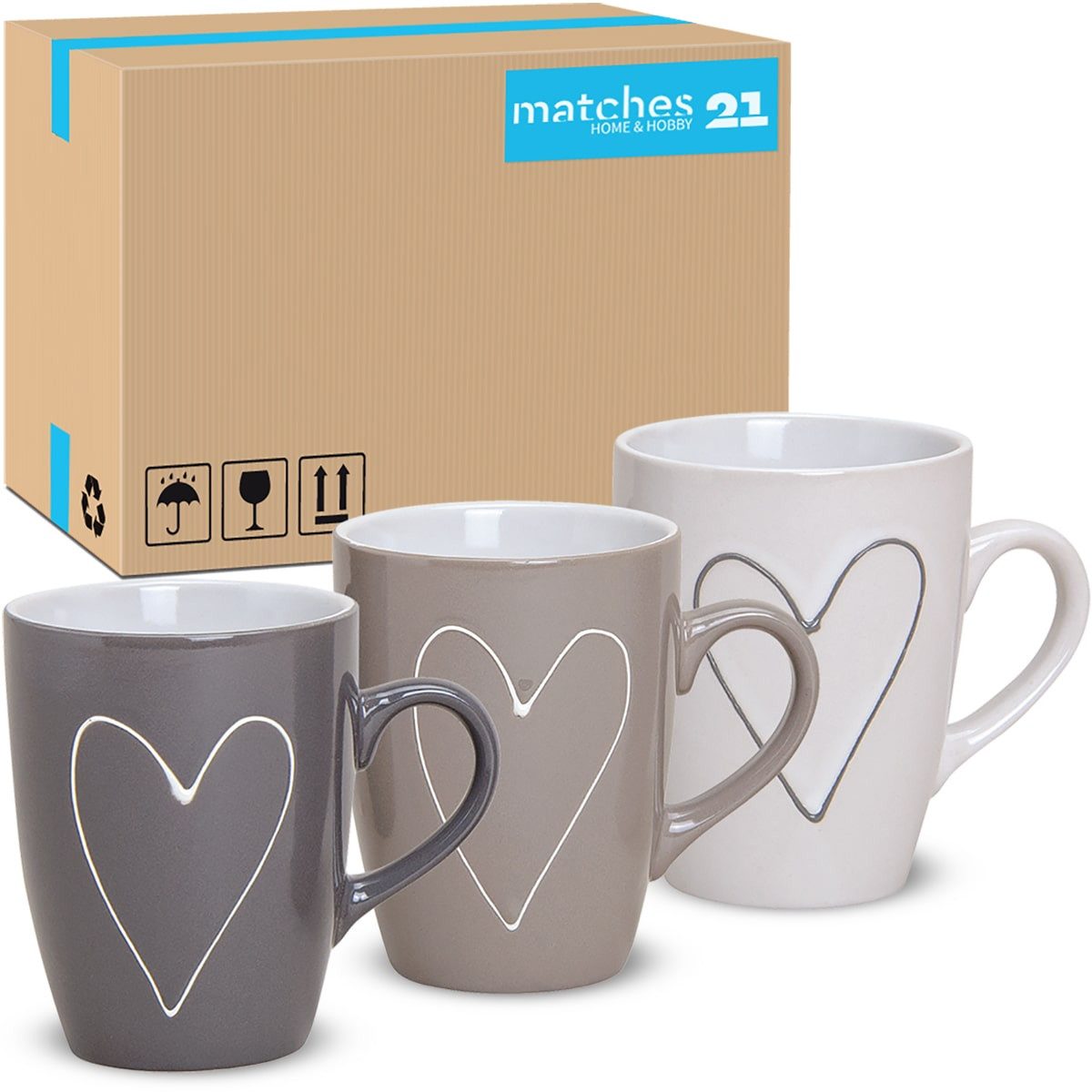 matches21 HOME & HOBBY Tasse Schöne Kaffeetassen 36er Set einfarbig mit Herzen Landhaus-Stil, 36-tlg., Keramik, Tee Kaffee-Becher modern grau beige weiss 250 ml